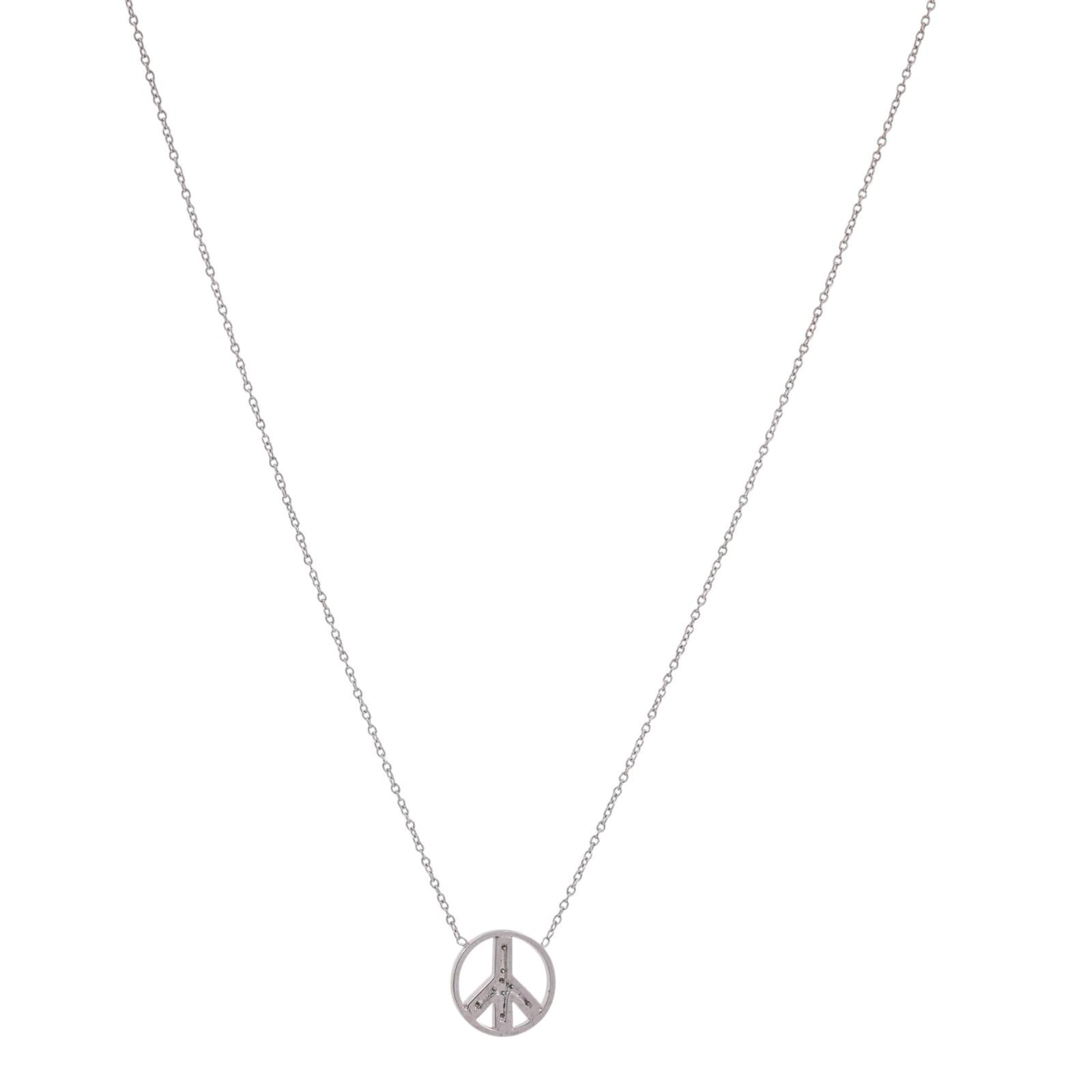 Peace Sign Diamond Pendant Chain Necklace 14K White Gold 0.10 TW 16.75"
