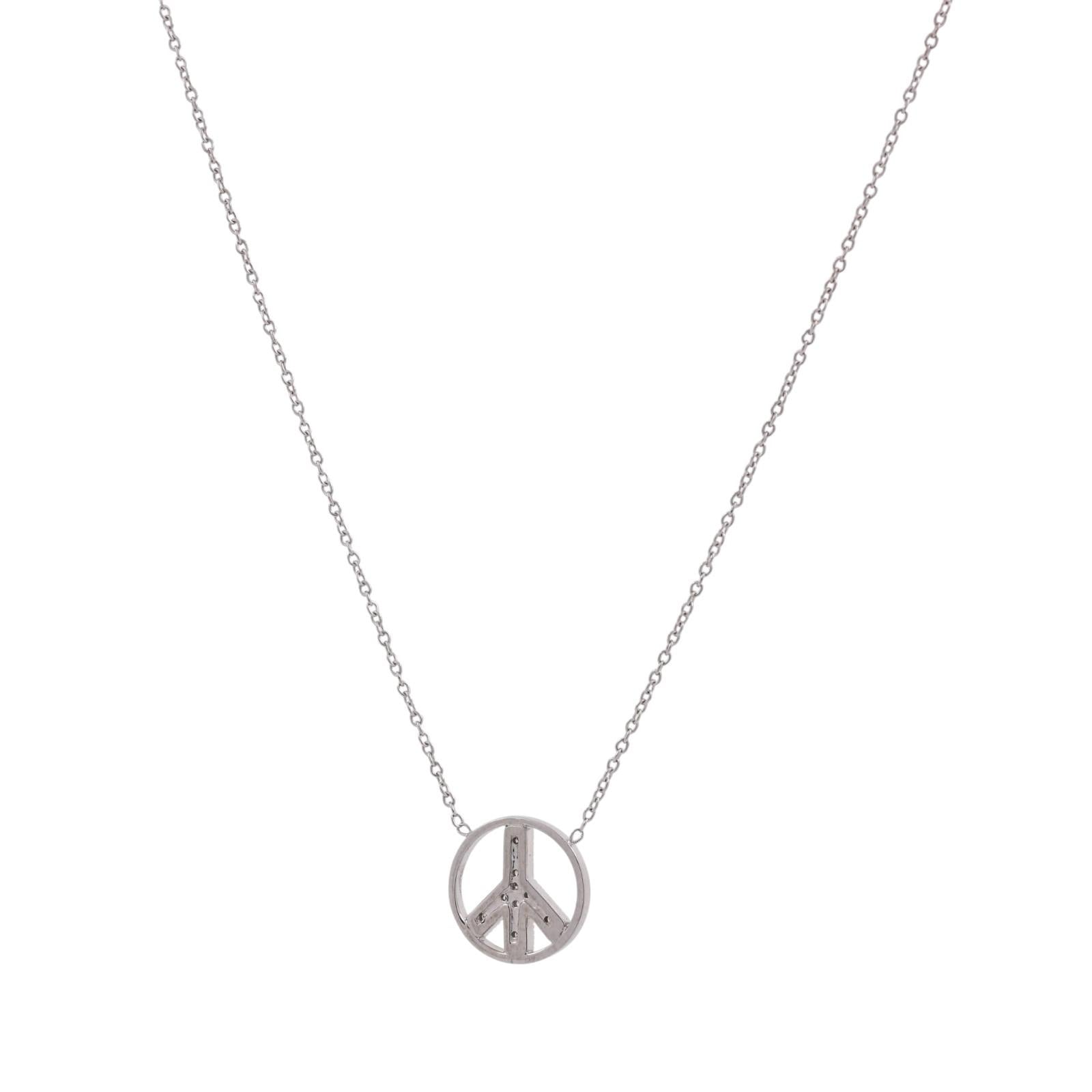 Peace Sign Diamond Pendant Chain Necklace 14K White Gold 0.10 TW 16.75"