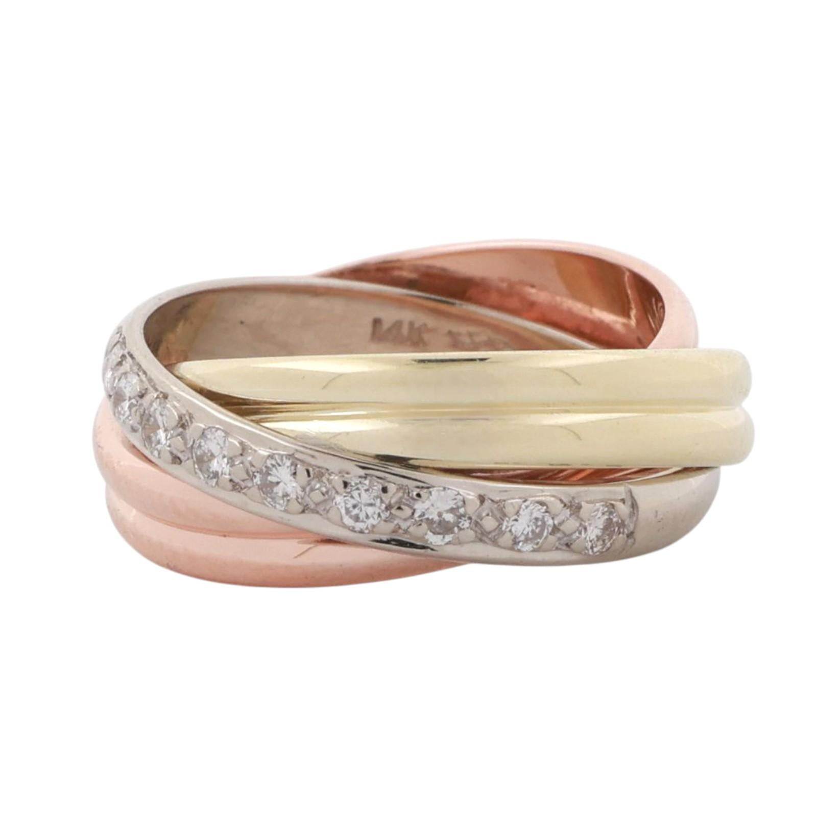 14K Tri-Color Gold Diamond Crossover Ring 0.33 TW Diamonds Size 4.25 Estate
