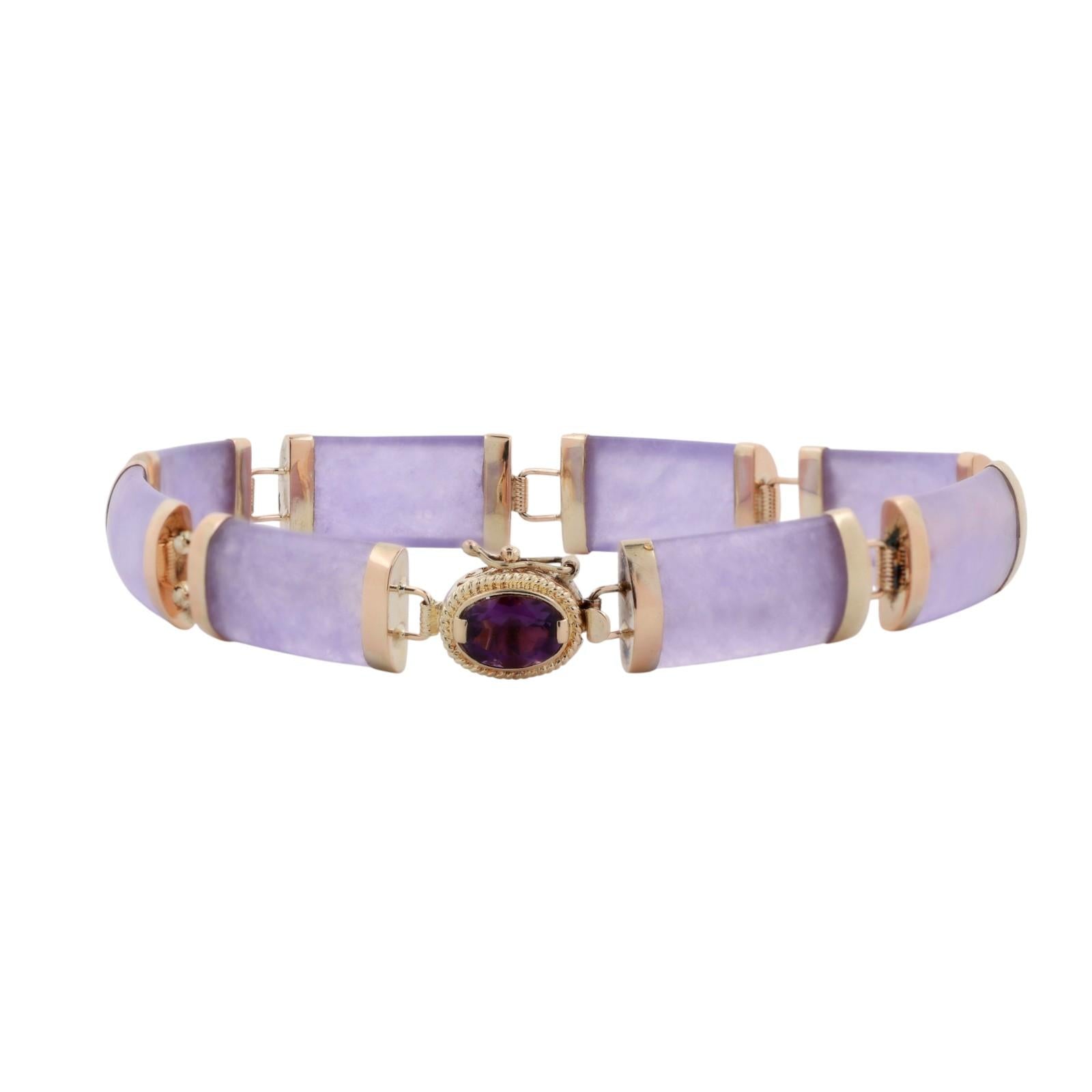Lavender Jadeite Amethyst Gemstone Station Bracelet 14K Yellow Gold 7.25" Estate