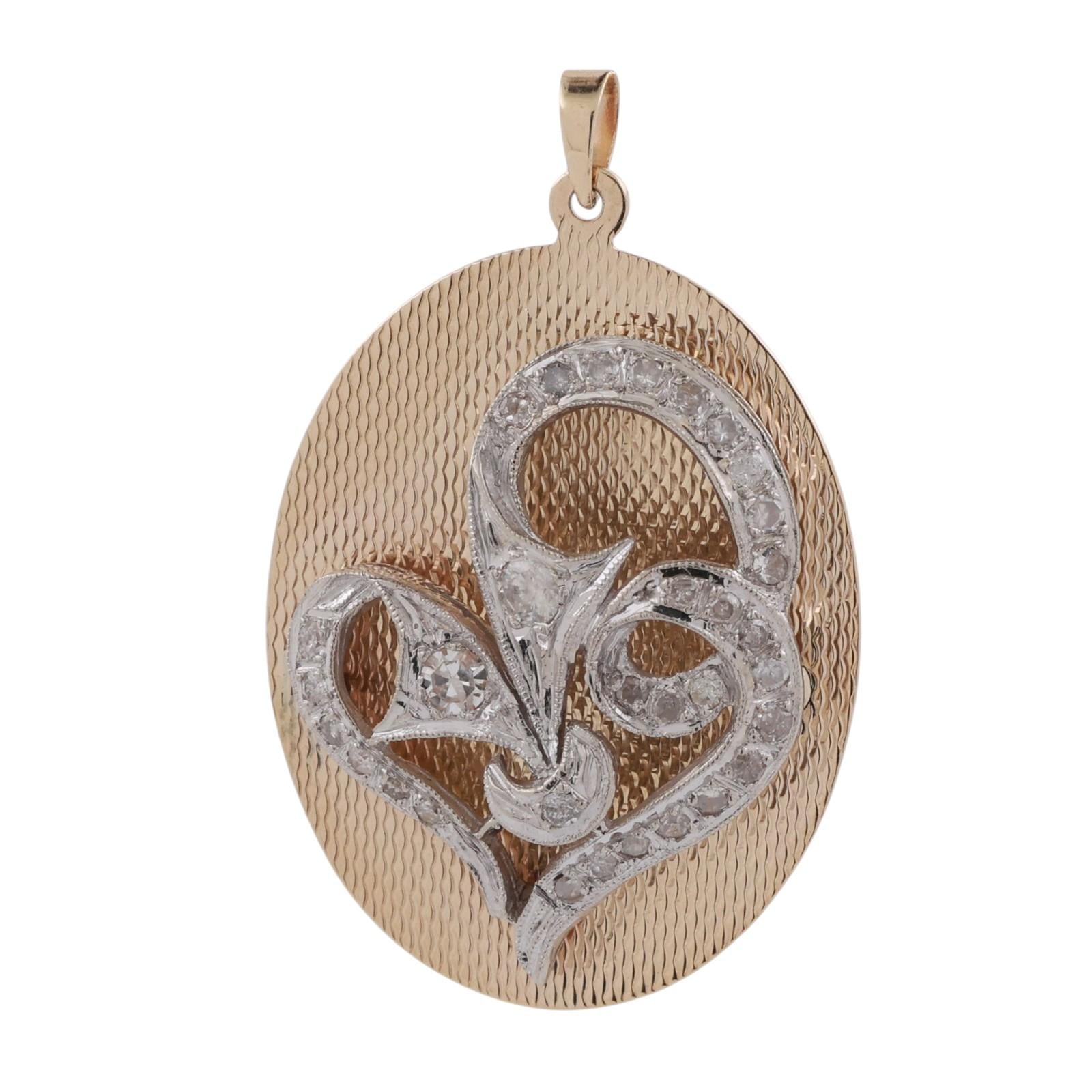 Vintage 0.50 TW Diamond Heart Oval Pendant Charm Two-Tone Gold 1.57" Ladies