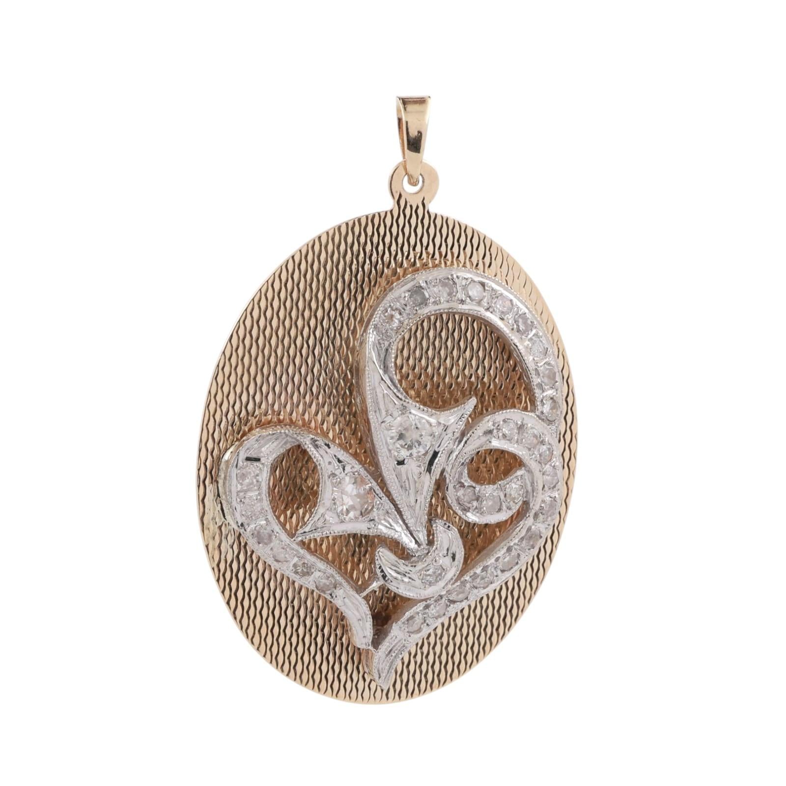 Vintage 0.50 TW Diamond Heart Oval Pendant Charm Two-Tone Gold 1.57" Ladies
