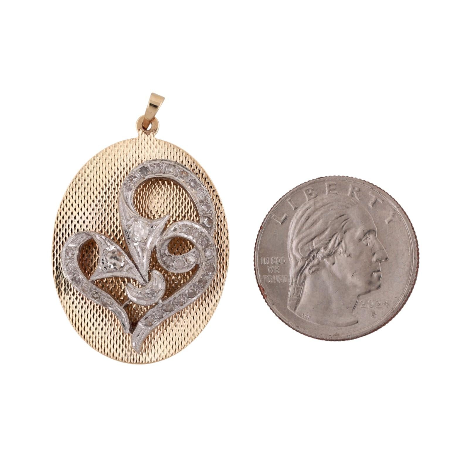 Vintage 0.50 TW Diamond Heart Oval Pendant Charm Two-Tone Gold 1.57" Ladies