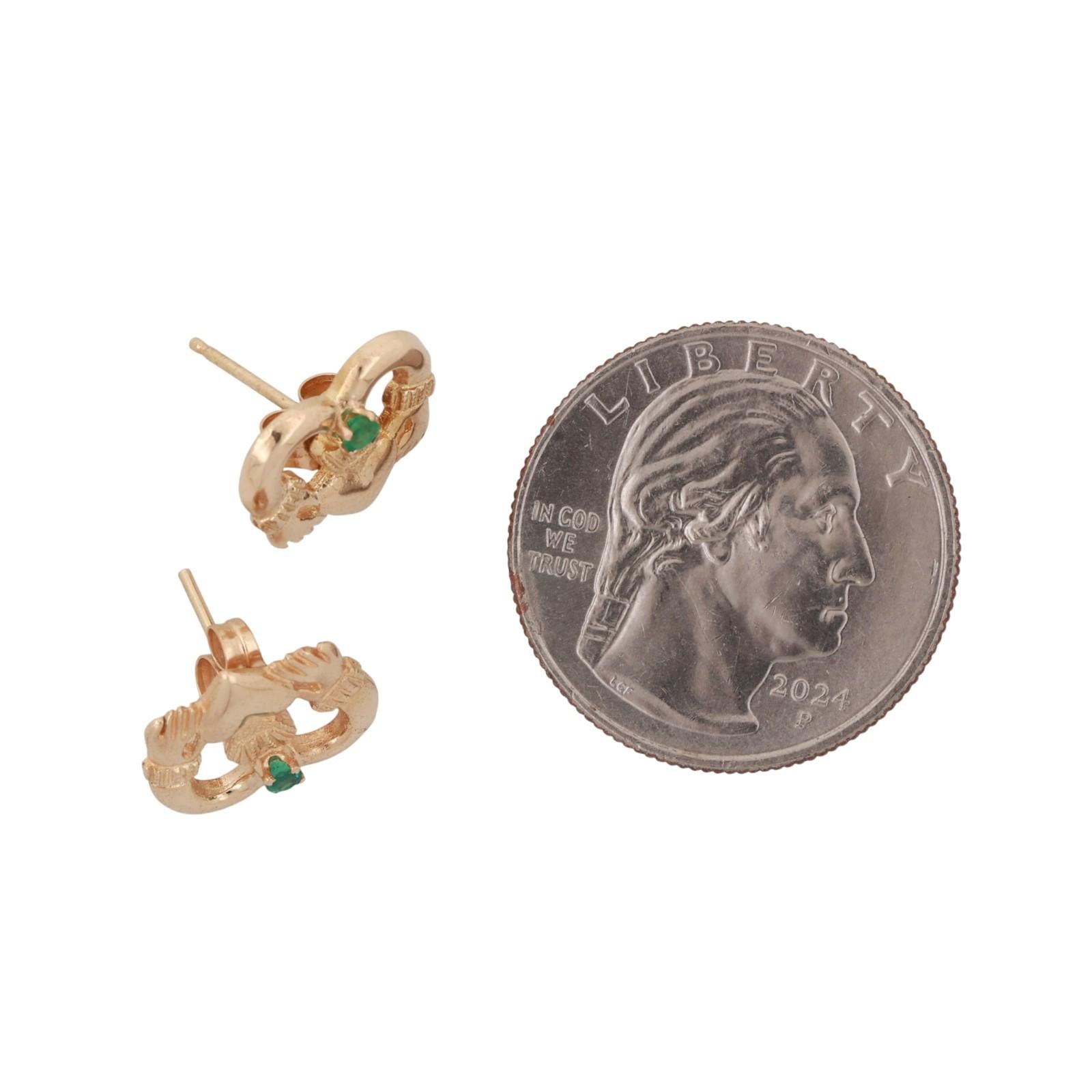 Claddagh Heart Emerald Stud Earrings 14K Yellow Gold 0.08 CT 0.23" Estate