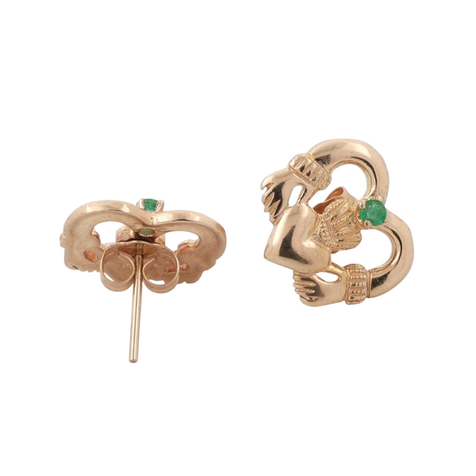 Claddagh Heart Emerald Stud Earrings 14K Yellow Gold 0.08 CT 0.23" Estate