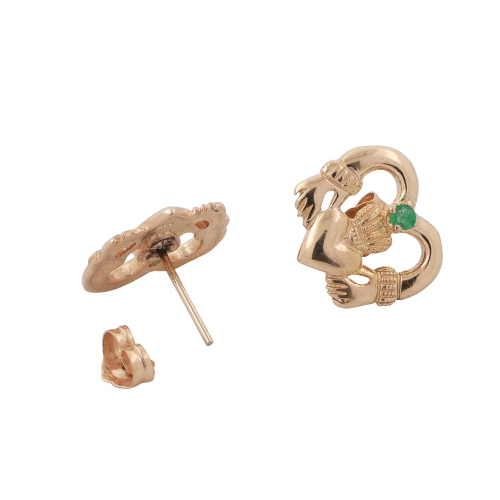 Claddagh Heart Emerald Stud Earrings 14K Yellow Gold 0.08 CT 0.23" Estate