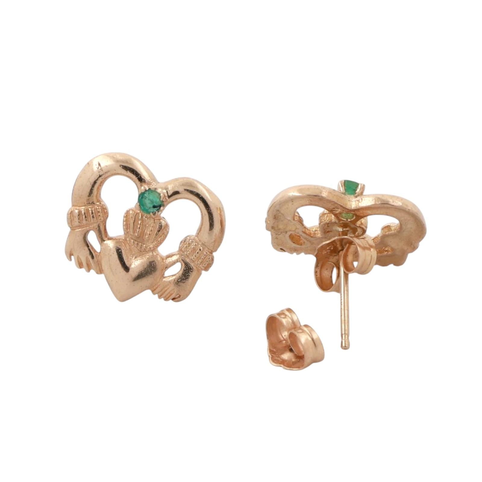 Claddagh Heart Emerald Stud Earrings 14K Yellow Gold 0.08 CT 0.23" Estate