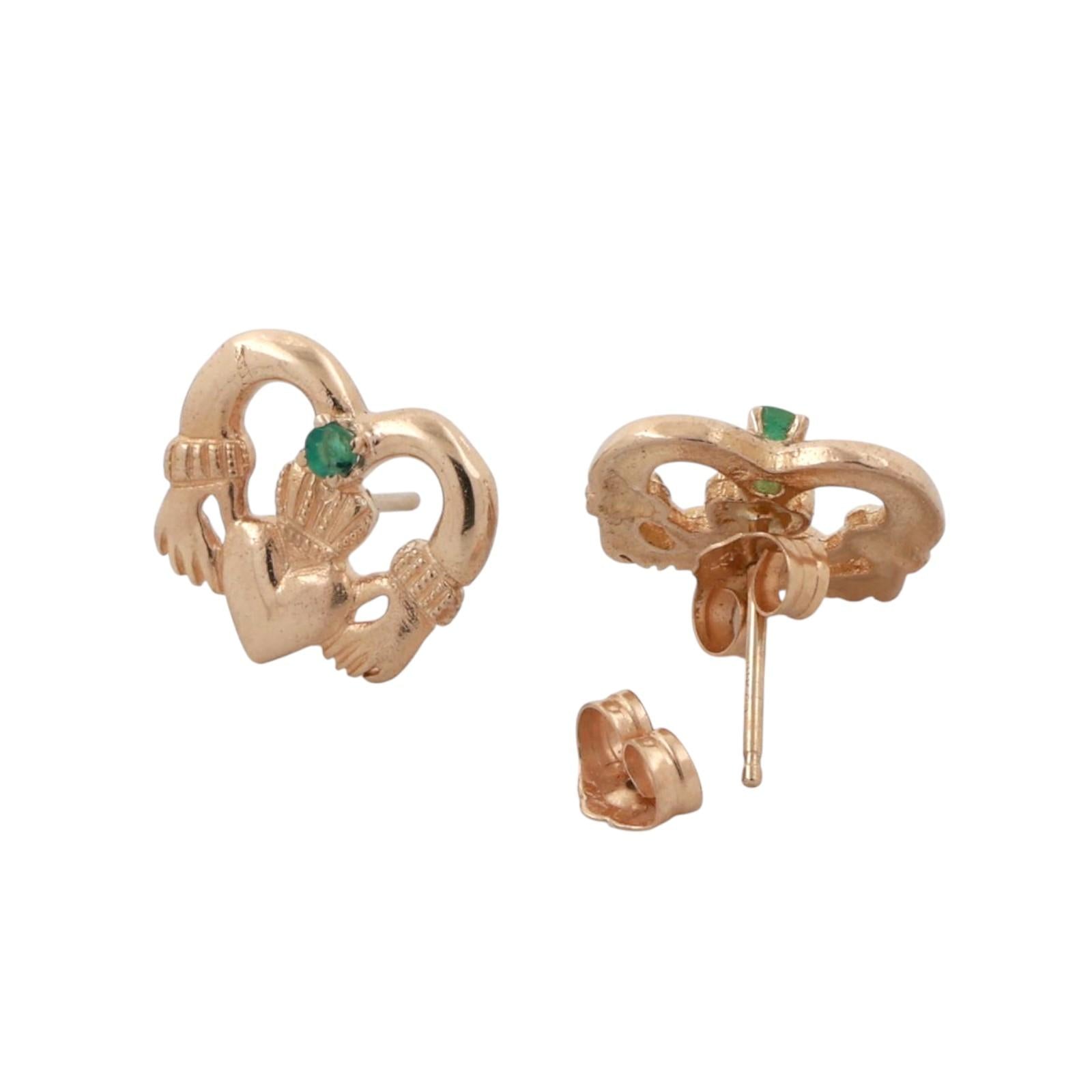 Claddagh Heart Emerald Stud Earrings 14K Yellow Gold 0.08 CT 0.23" Estate