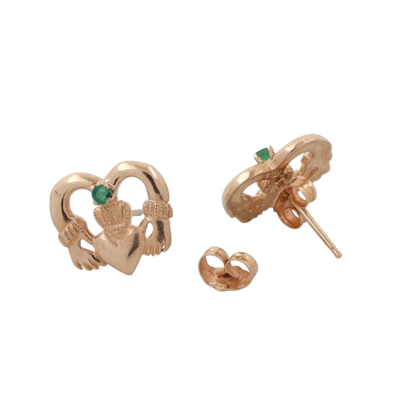 Claddagh Heart Emerald Stud Earrings 14K Yellow Gold 0.08 CT 0.23" Estate