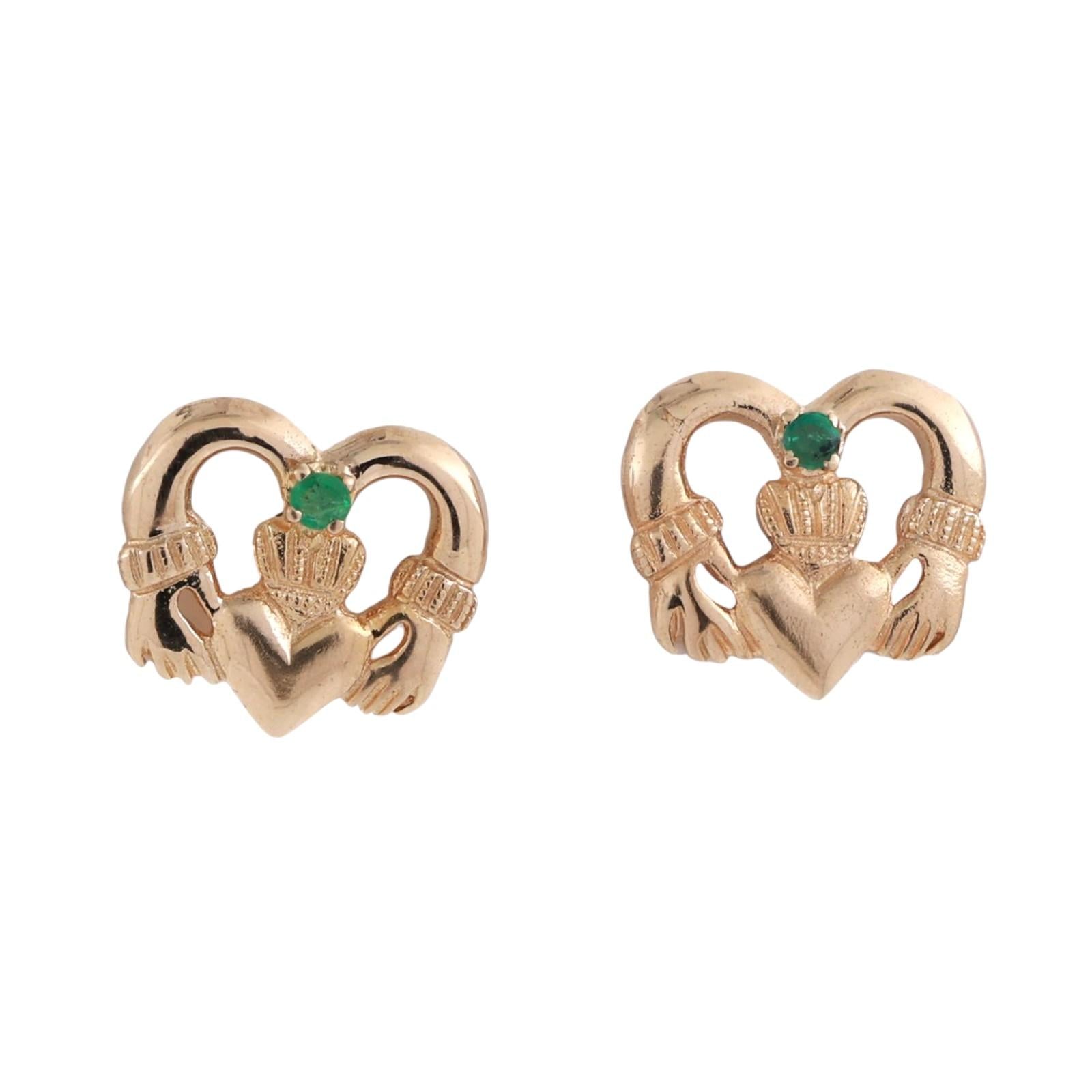 Claddagh Heart Emerald Stud Earrings 14K Yellow Gold 0.08 CT 0.23" Estate
