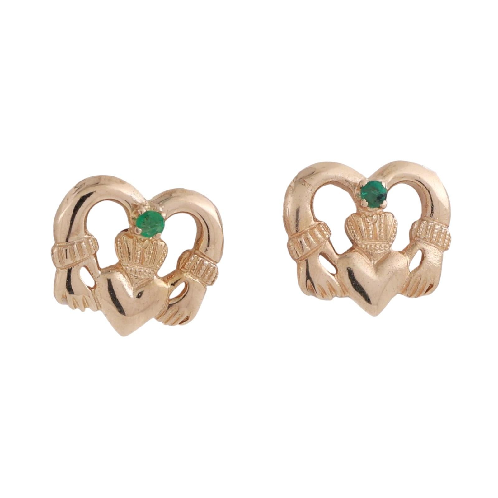 Claddagh Heart Emerald Stud Earrings 14K Yellow Gold 0.08 CT 0.23" Estate