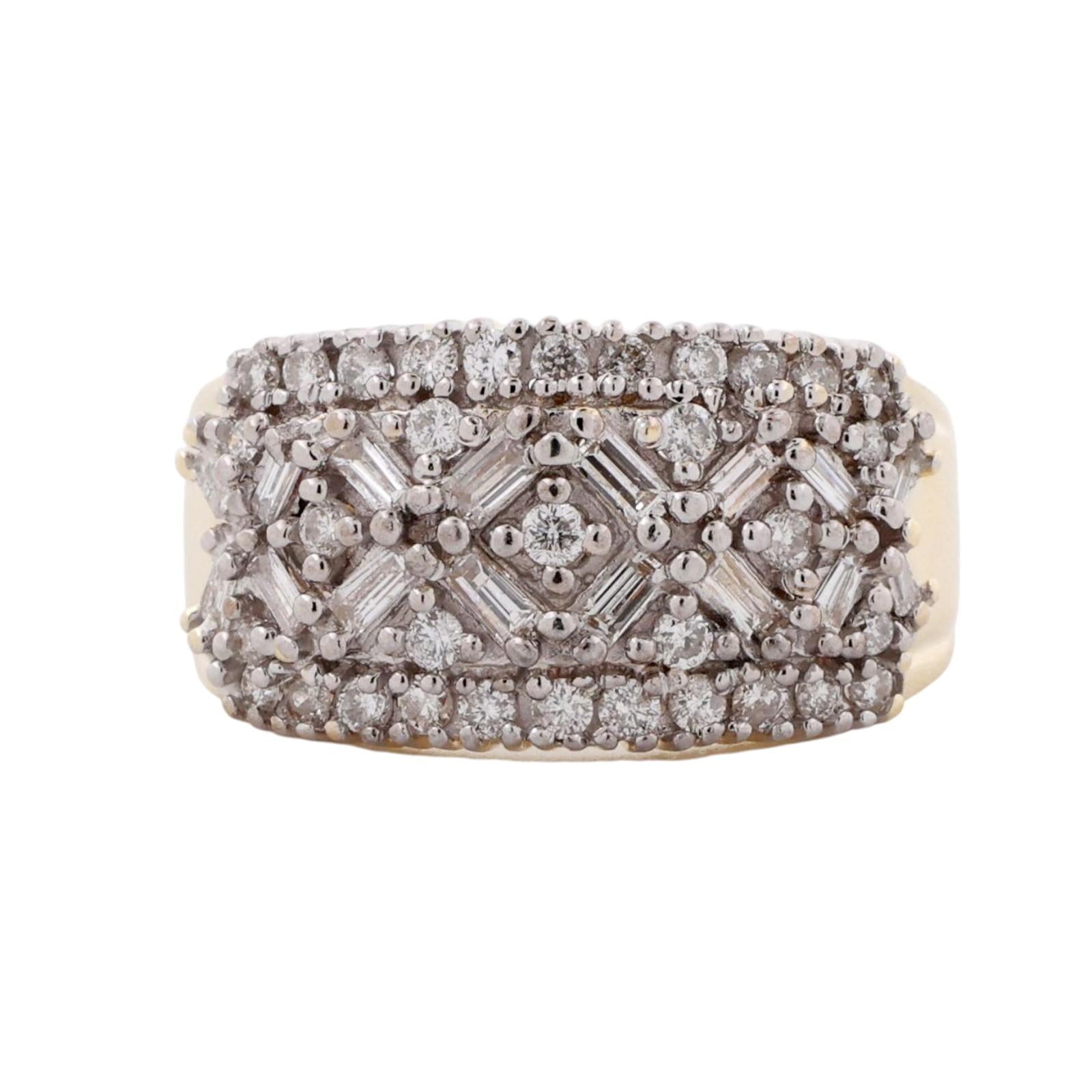 Vintage Baguette And Round Diamond Wide Band Ring 14K Gold 1.00 TW Size 7.25