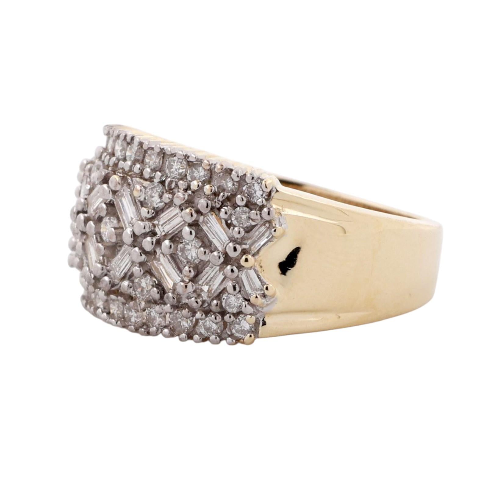 Vintage Baguette And Round Diamond Wide Band Ring 14K Gold 1.00 TW Size 7.25