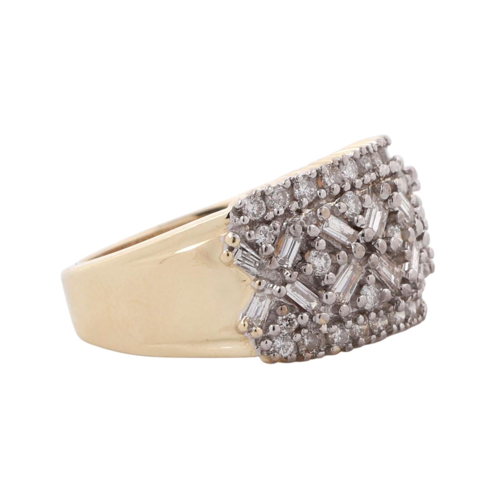 Vintage Baguette And Round Diamond Wide Band Ring 14K Gold 1.00 TW Size 7.25