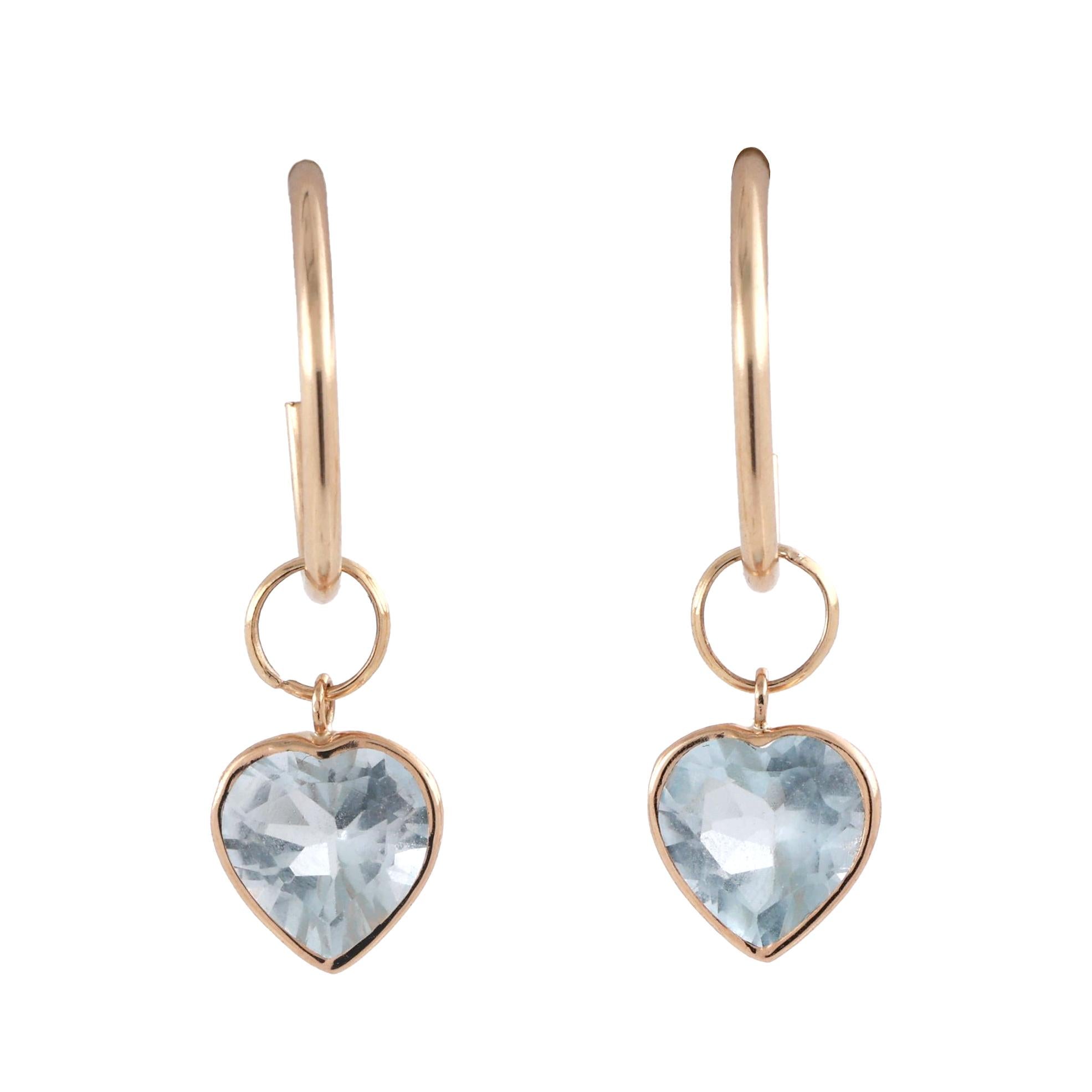 Blue Topaz Hearts Hoop Earring Attachments 14K Yellow Gold 4.56 CTW 0.65" Ladies