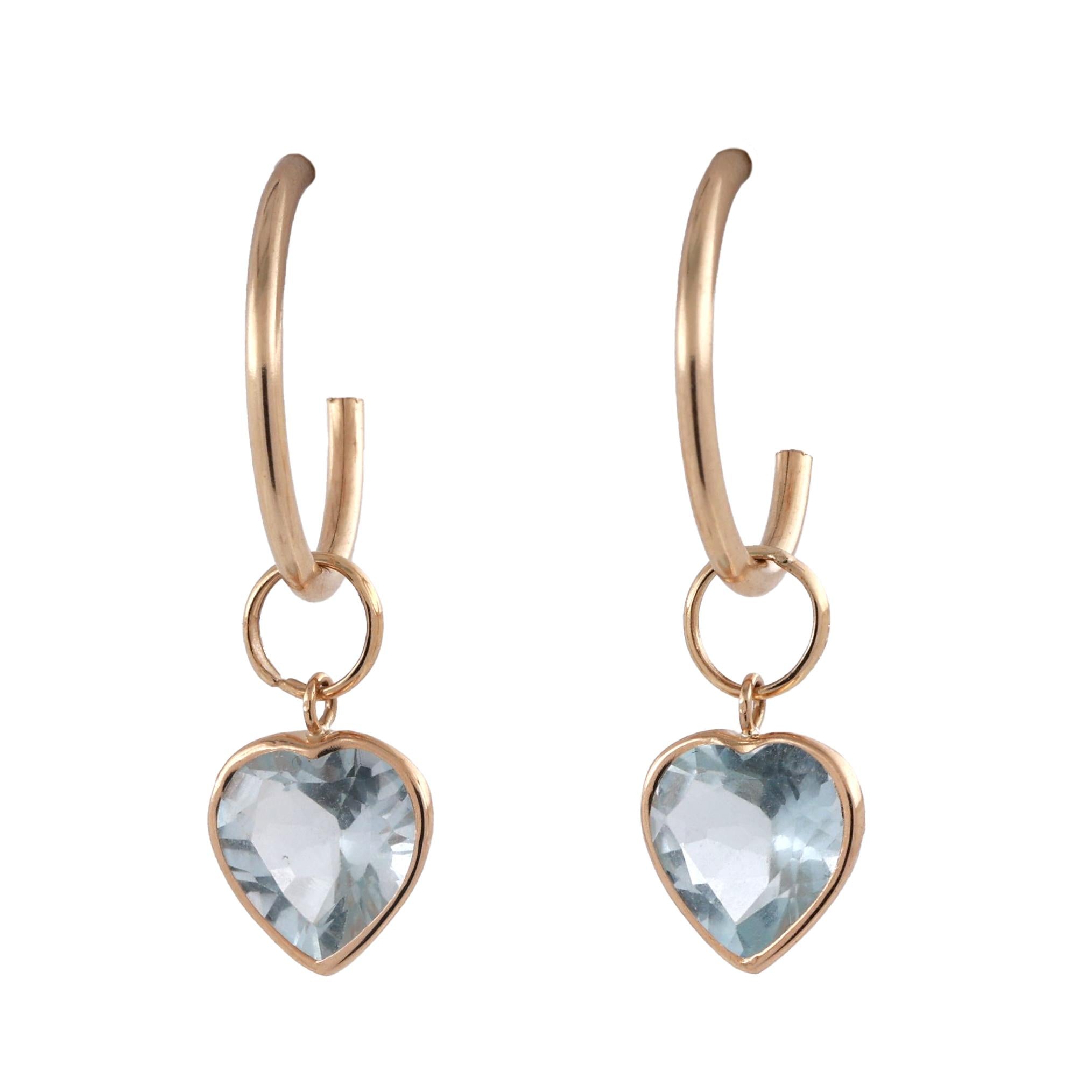 Blue Topaz Hearts Hoop Earring Attachments 14K Yellow Gold 4.56 CTW 0.65" Ladies