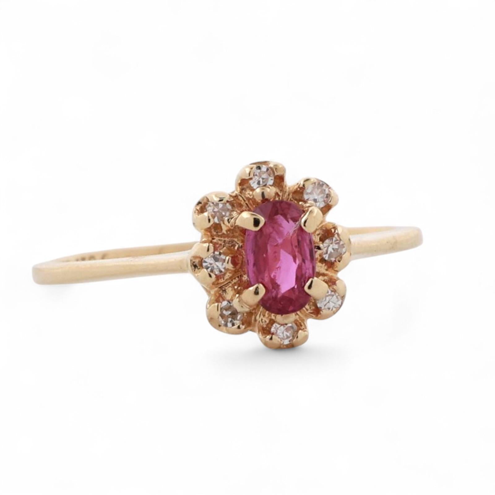 Ruby Diamond Floral Cocktail Ring 14K Yellow Gold 0.42 CTW Size 5.5 Ladies