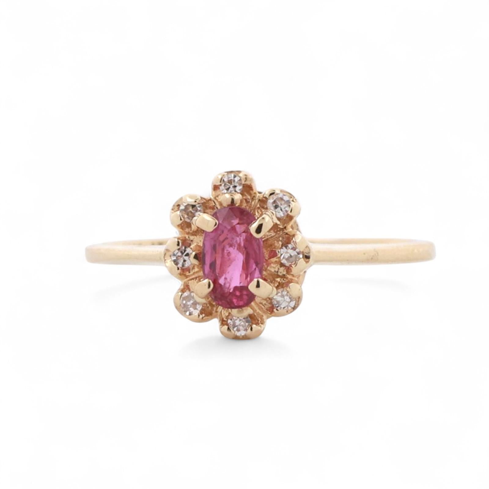 Ruby Diamond Floral Cocktail Ring 14K Yellow Gold 0.42 CTW Size 5.5 Ladies