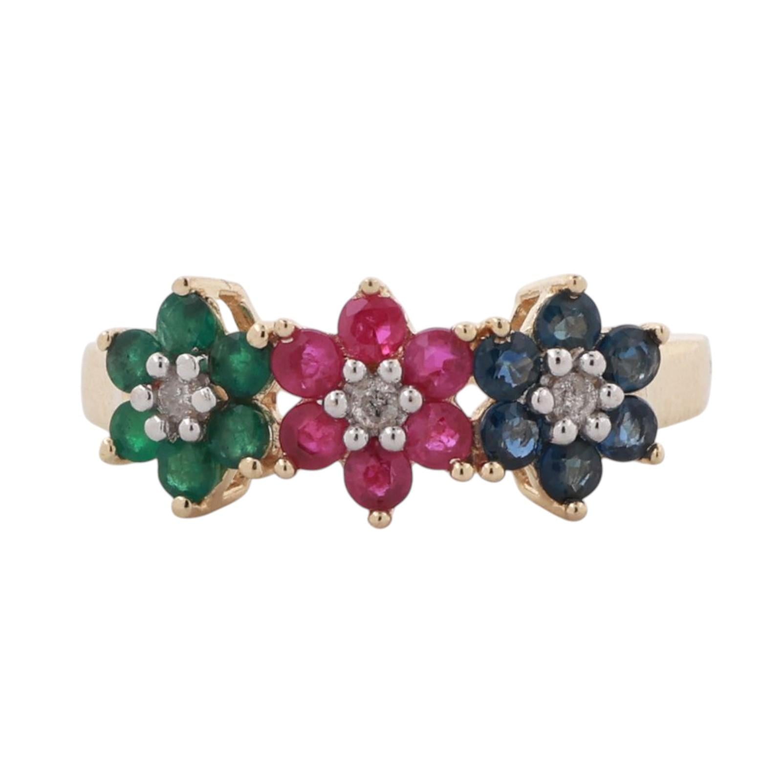 Multi Colored Gemstone Diamond Floral Band Ring 14K Gold 0.78 CTW Size 6.75