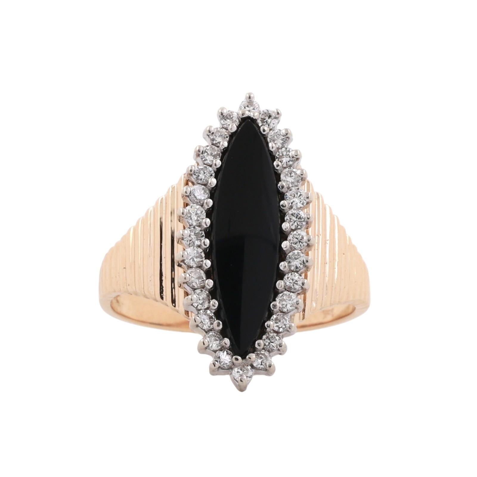 Marquise Cut Black Onyx Halo Diamond Statement Ring 14K Gold Size 9.5 Estate