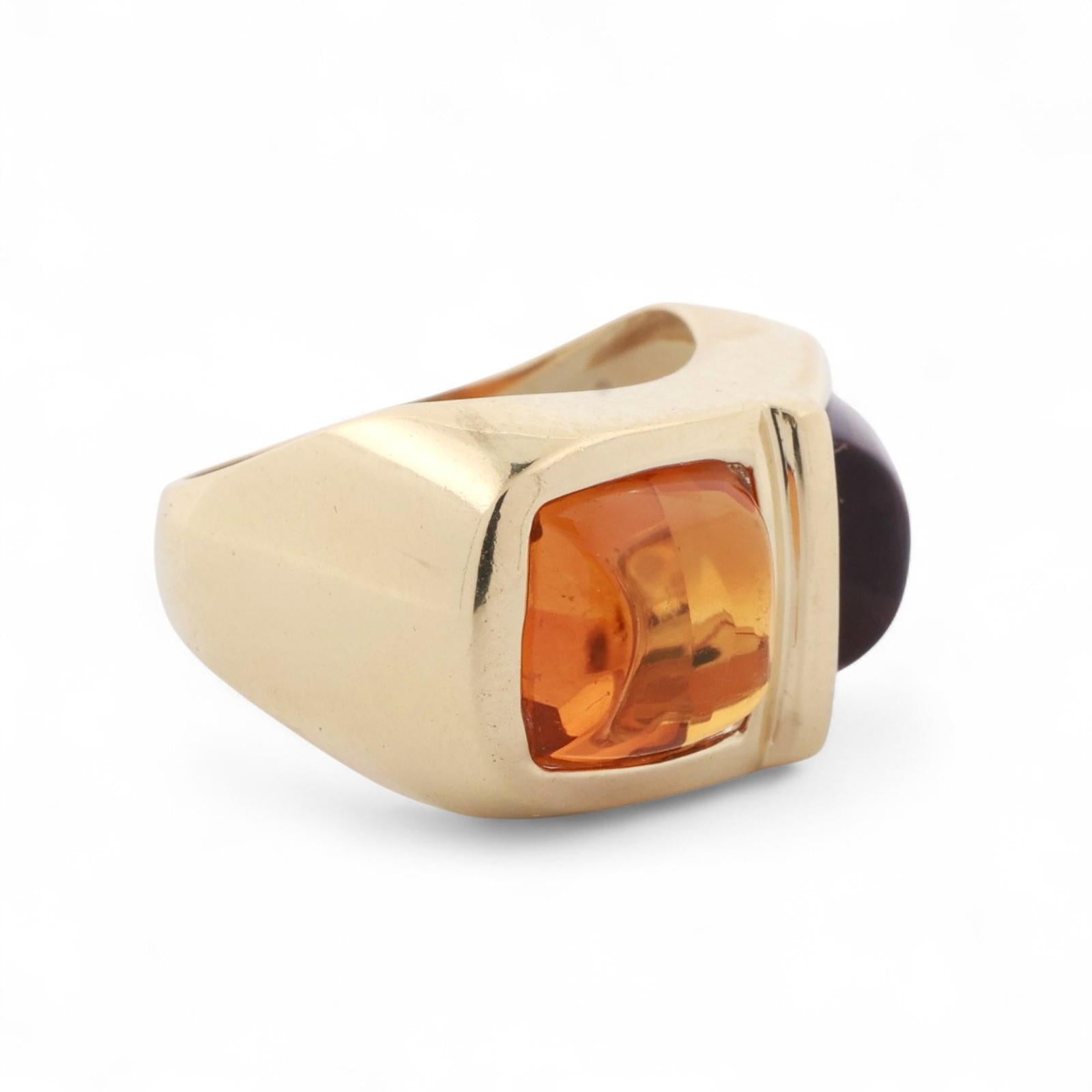 Cabochon Citrine Amethyst Statement Ring 14K Yellow Gold 6.95 CTW Size 6.75