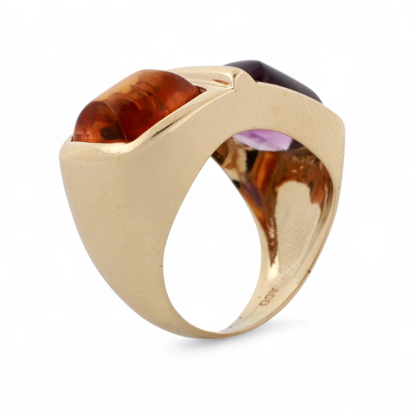 Cabochon Citrine Amethyst Statement Ring 14K Yellow Gold 6.95 CTW Size 6.75