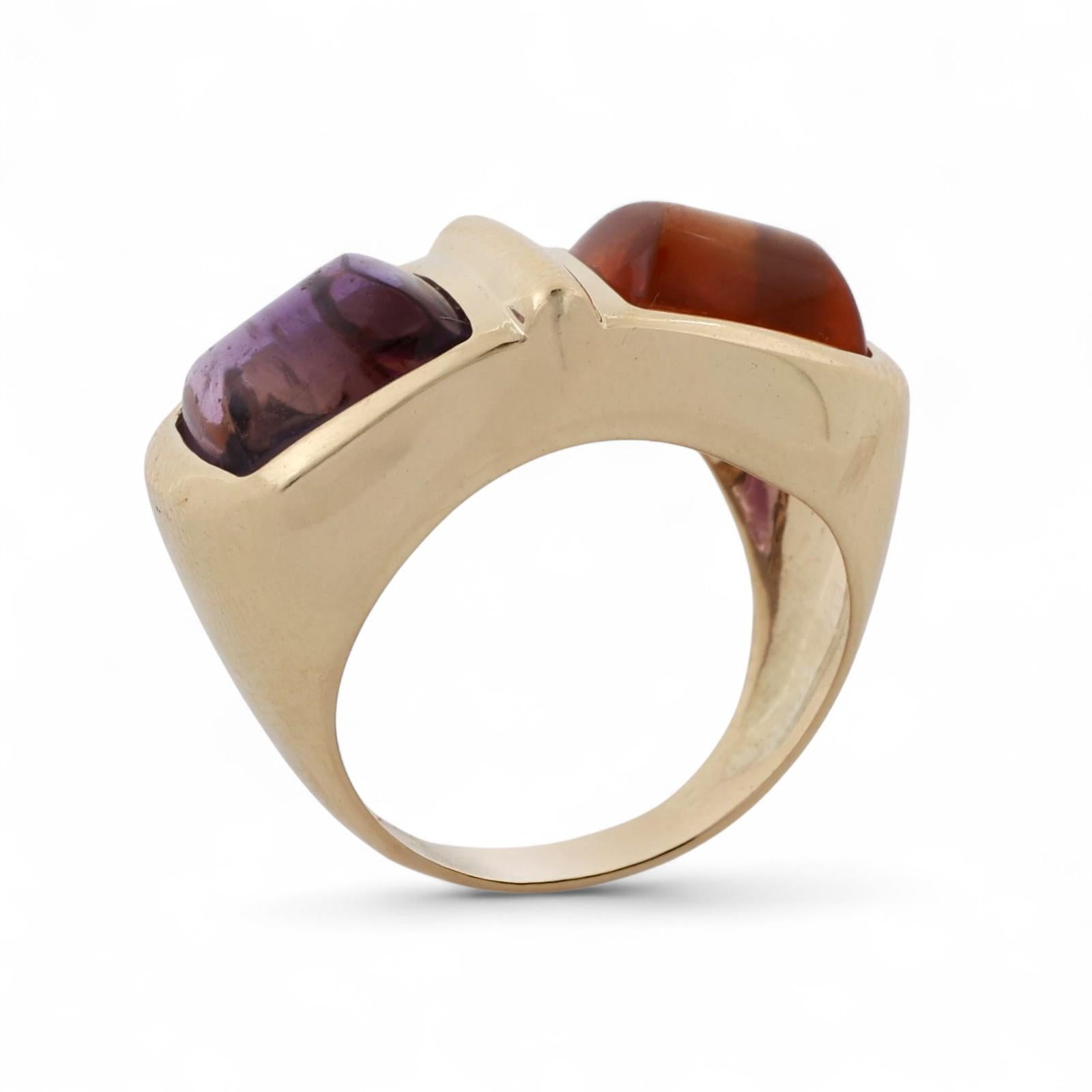Cabochon Citrine Amethyst Statement Ring 14K Yellow Gold 6.95 CTW Size 6.75
