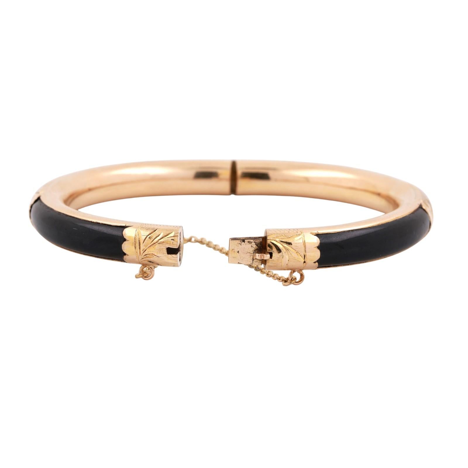 Black Jadeite Gemstone Floral Bangle Bracelet 14K Yellow Gold 7" Estate