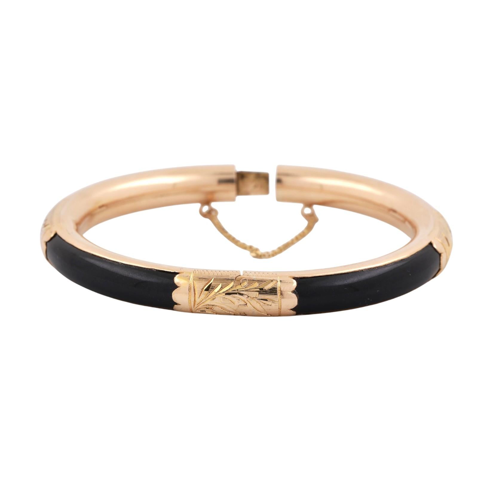 Black Jadeite Gemstone Floral Bangle Bracelet 14K Yellow Gold 7" Estate