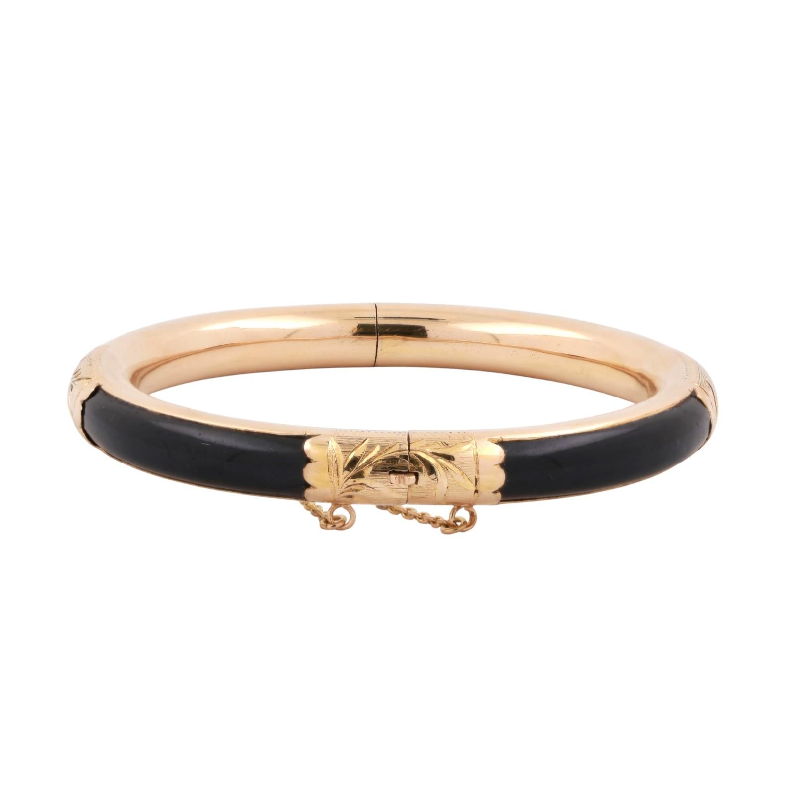 Black Jadeite Gemstone Floral Bangle Bracelet 14K Yellow Gold 7" Estate