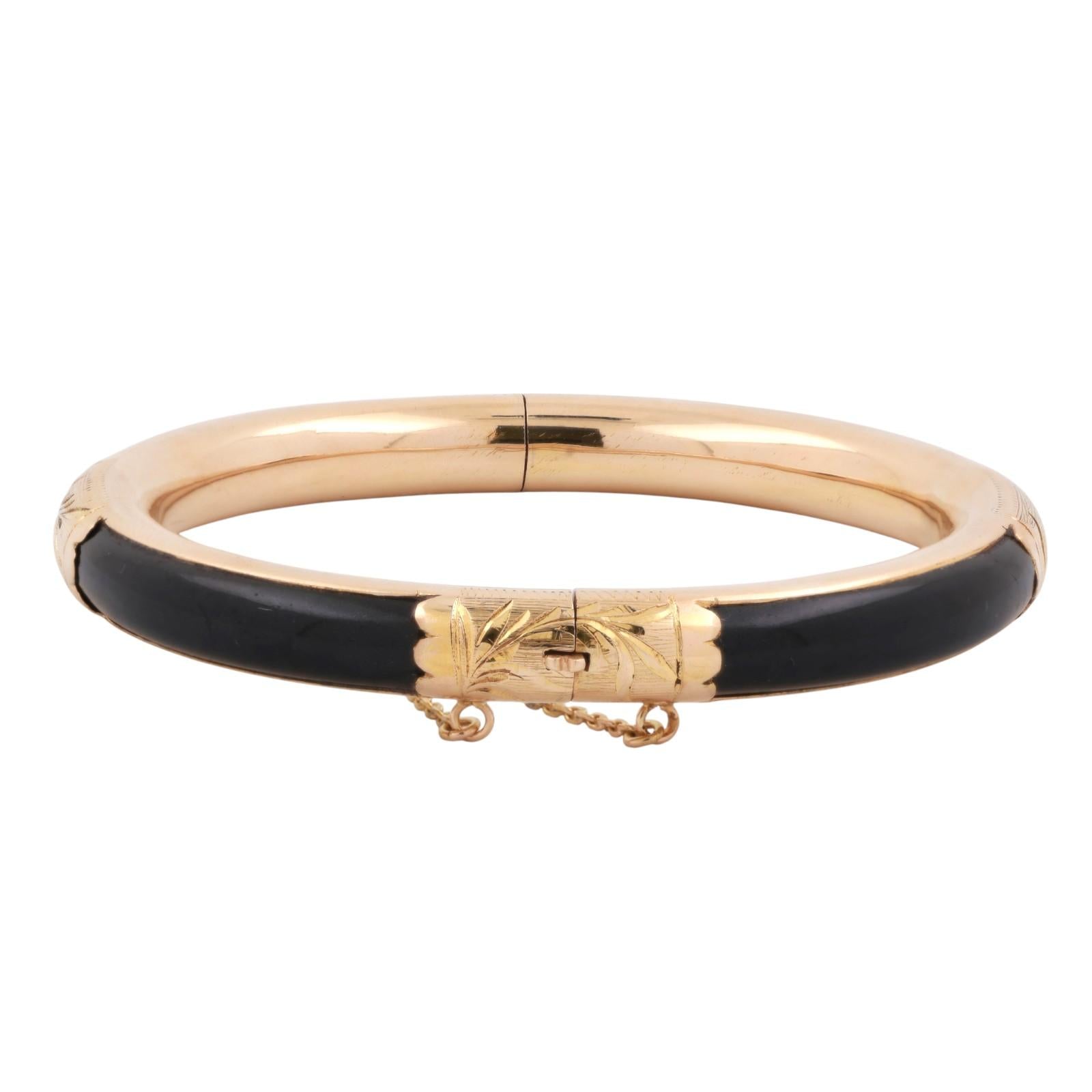 Black Jadeite Gemstone Floral Bangle Bracelet 14K Yellow Gold 7" Estate