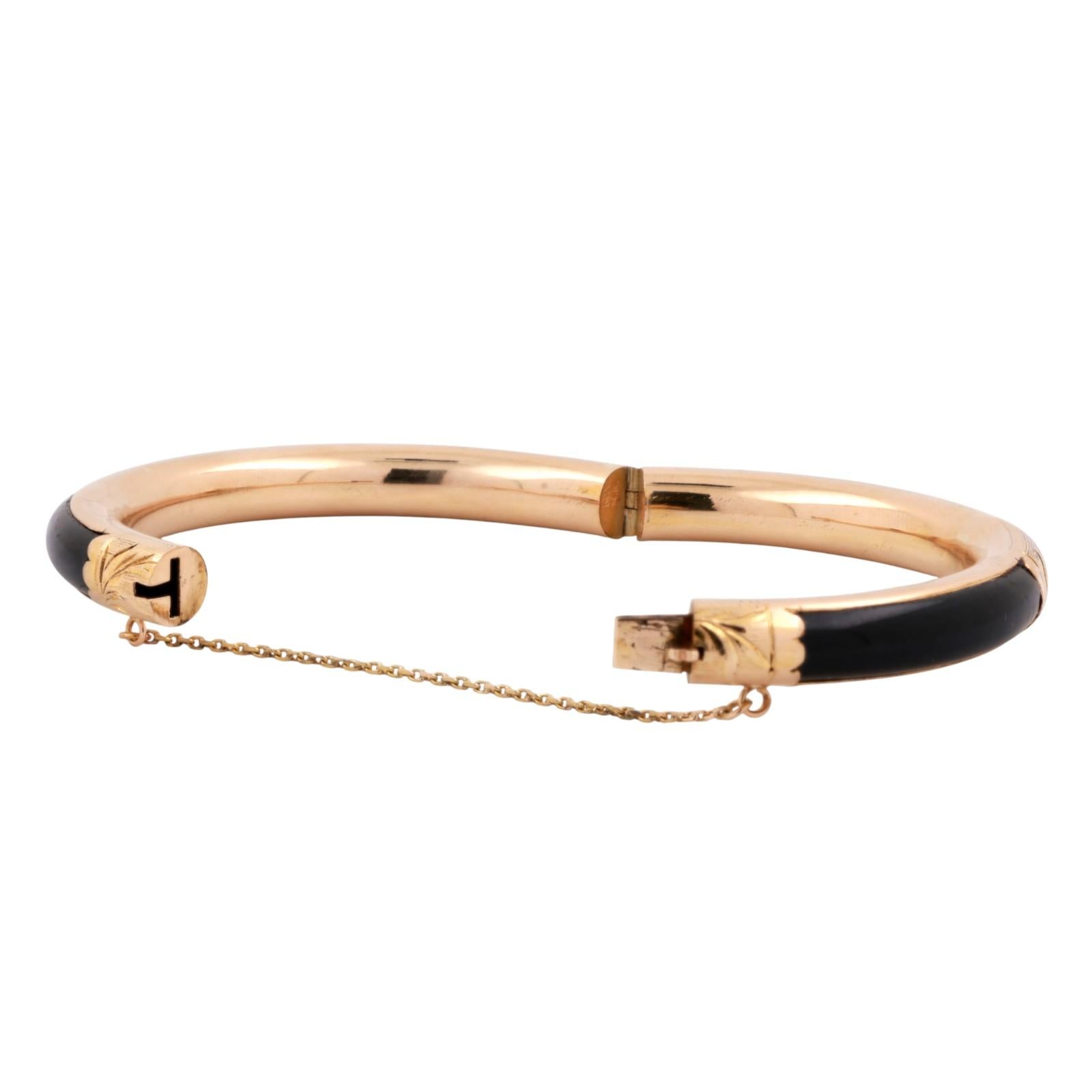 Black Jadeite Gemstone Floral Bangle Bracelet 14K Yellow Gold 7" Estate
