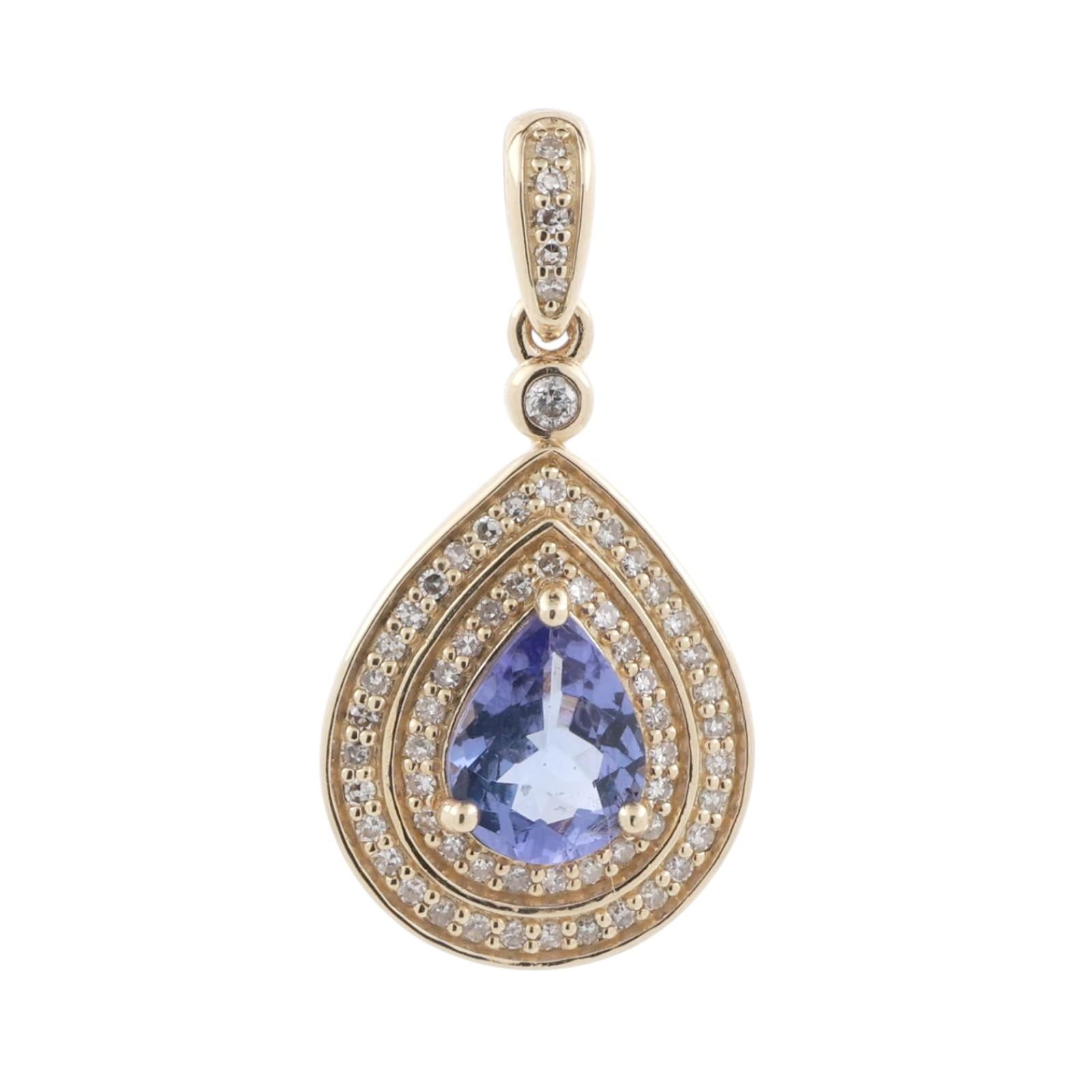 Teardrop Tanzanite Halo Diamond Pendant Charm 10K Yellow Gold 1.07 CTW 1" Estate