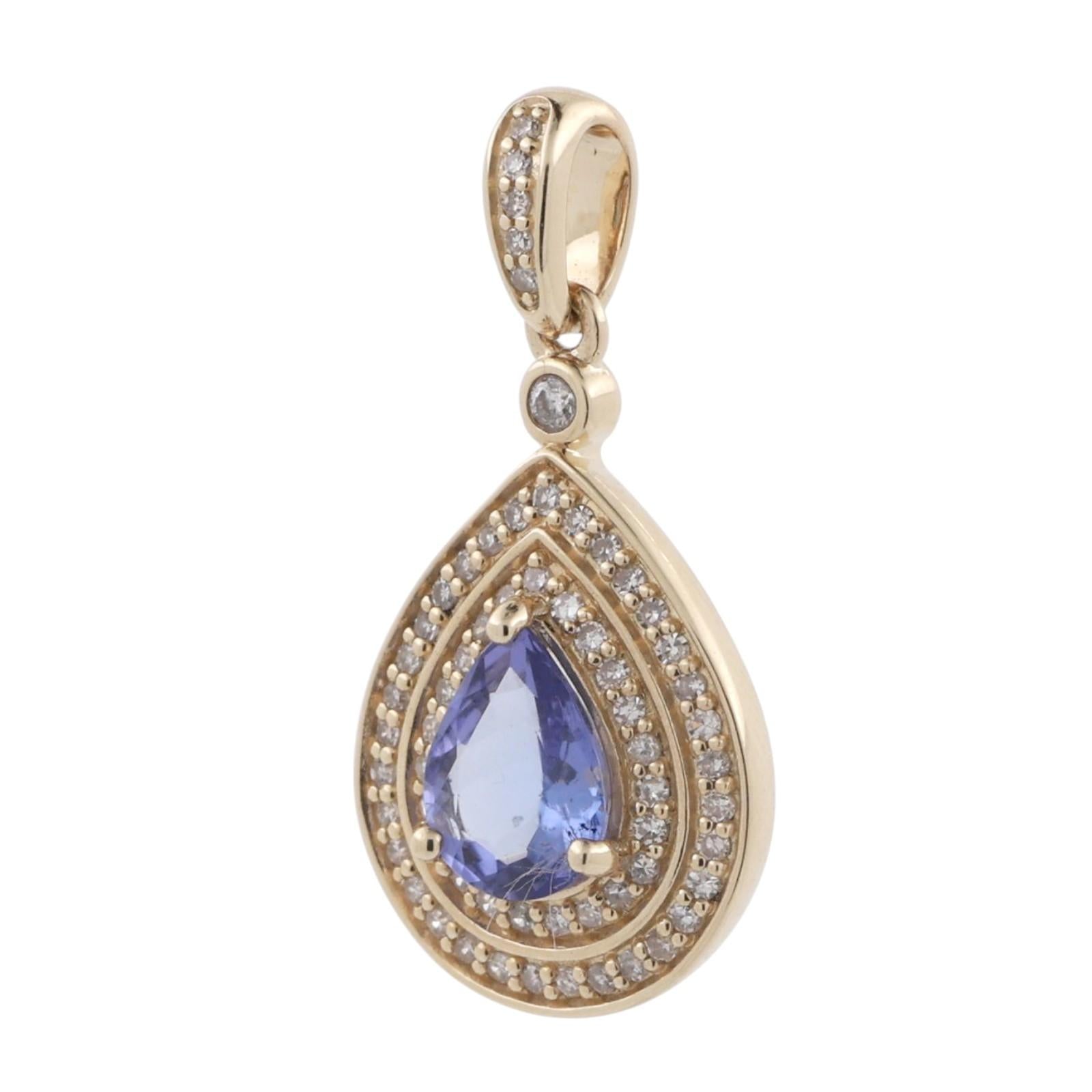 Tanzanite Teardrop Halo Diamond Pendant Charm 10K Yellow Gold 1.07 CTW 1" Estate