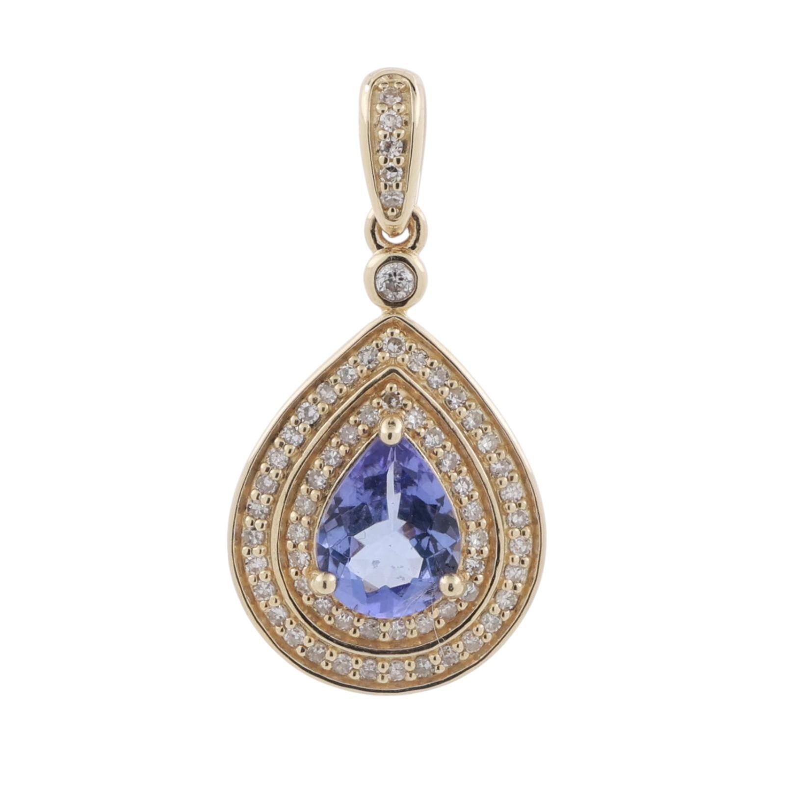 Teardrop Tanzanite Halo Diamond Pendant Charm 10K Yellow Gold 1.07 CTW 1" Estate