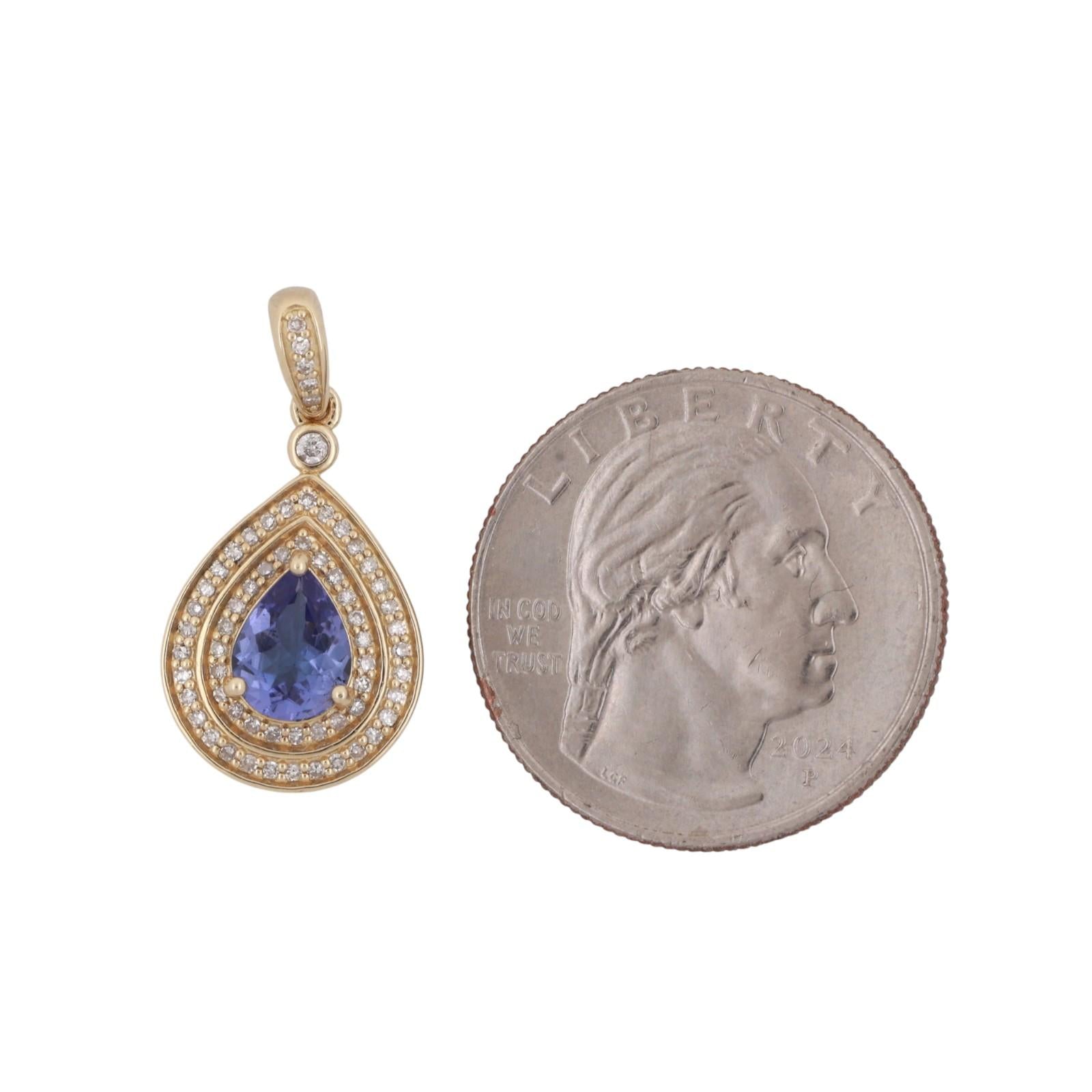 Teardrop Tanzanite Halo Diamond Pendant Charm 10K Yellow Gold 1.07 CTW 1" Estate