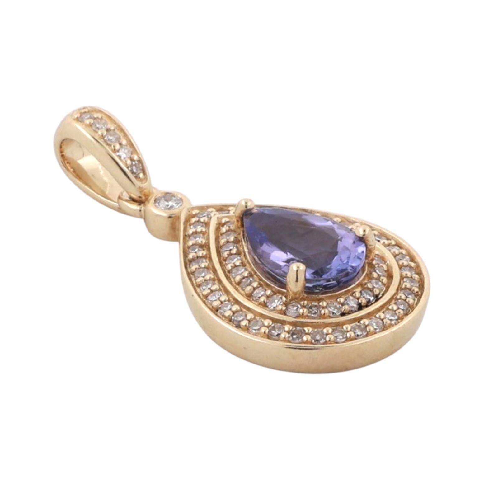 Tanzanite Teardrop Halo Diamond Pendant Charm 10K Yellow Gold 1.07 CTW 1" Estate
