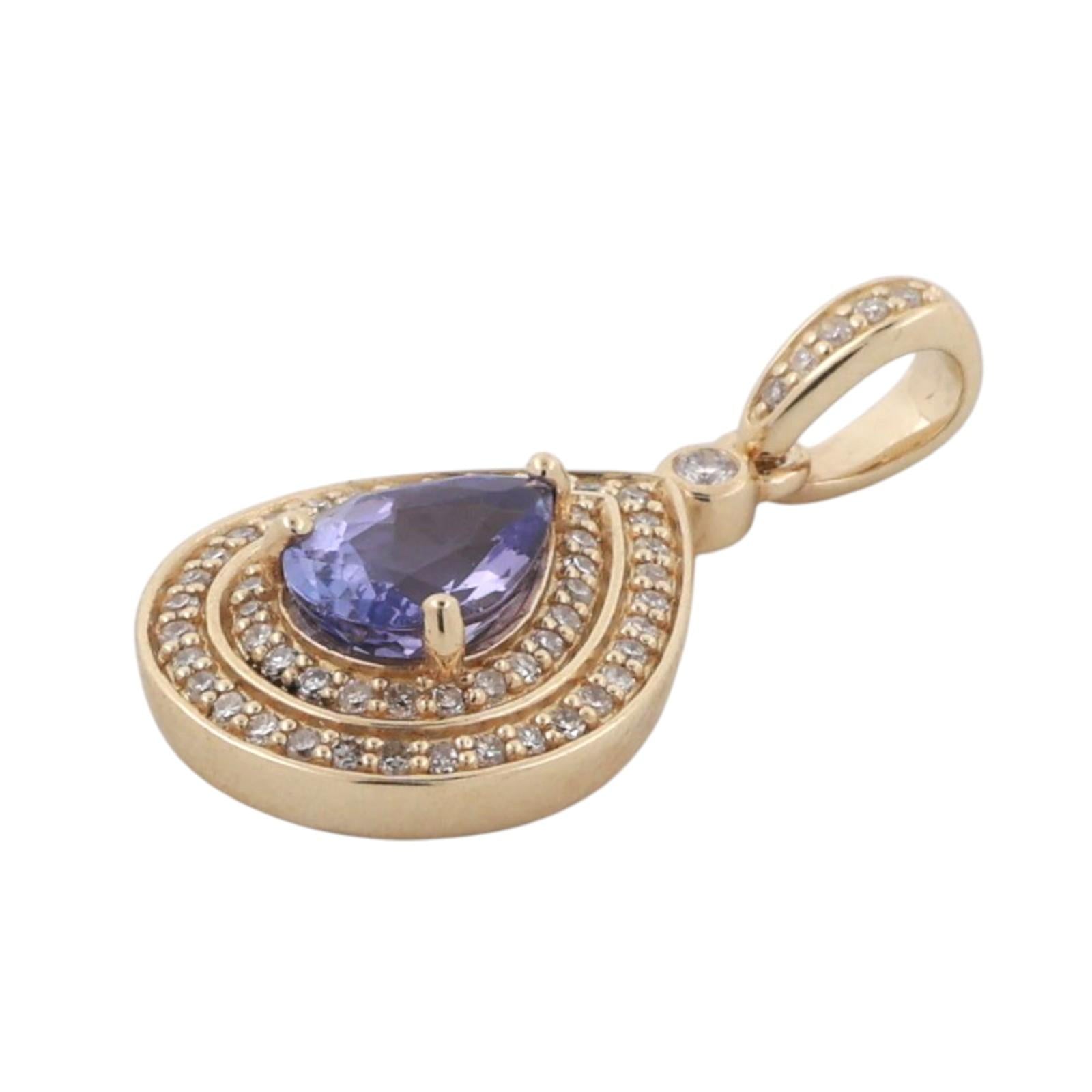 Teardrop Tanzanite Halo Diamond Pendant Charm 10K Yellow Gold 1.07 CTW 1" Estate