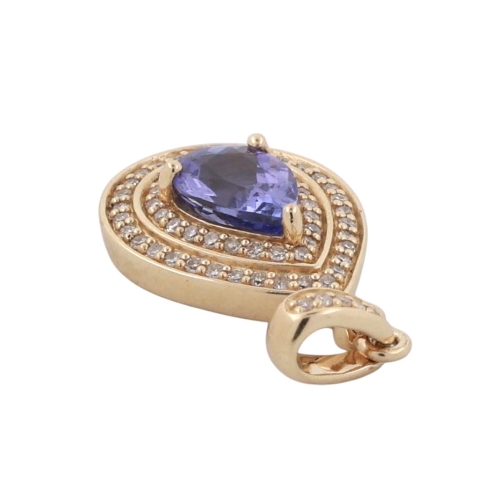 Teardrop Tanzanite Halo Diamond Pendant Charm 10K Yellow Gold 1.07 CTW 1" Estate