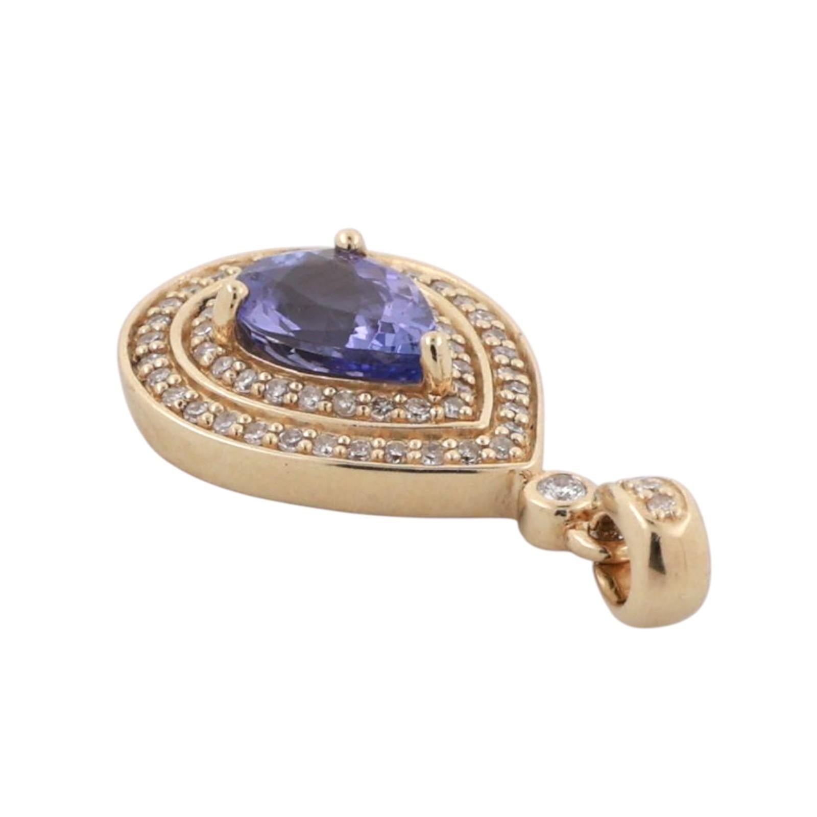 Teardrop Tanzanite Halo Diamond Pendant Charm 10K Yellow Gold 1.07 CTW 1" Estate