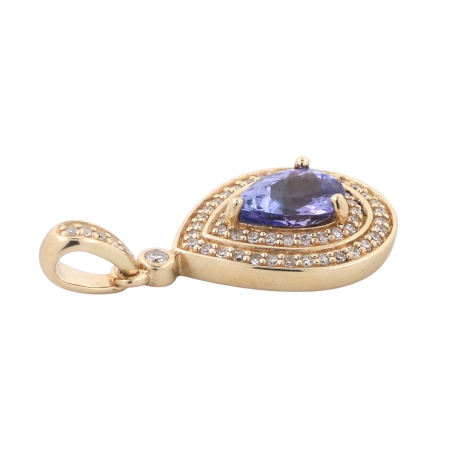 Teardrop Tanzanite Halo Diamond Pendant Charm 10K Yellow Gold 1.07 CTW 1" Estate