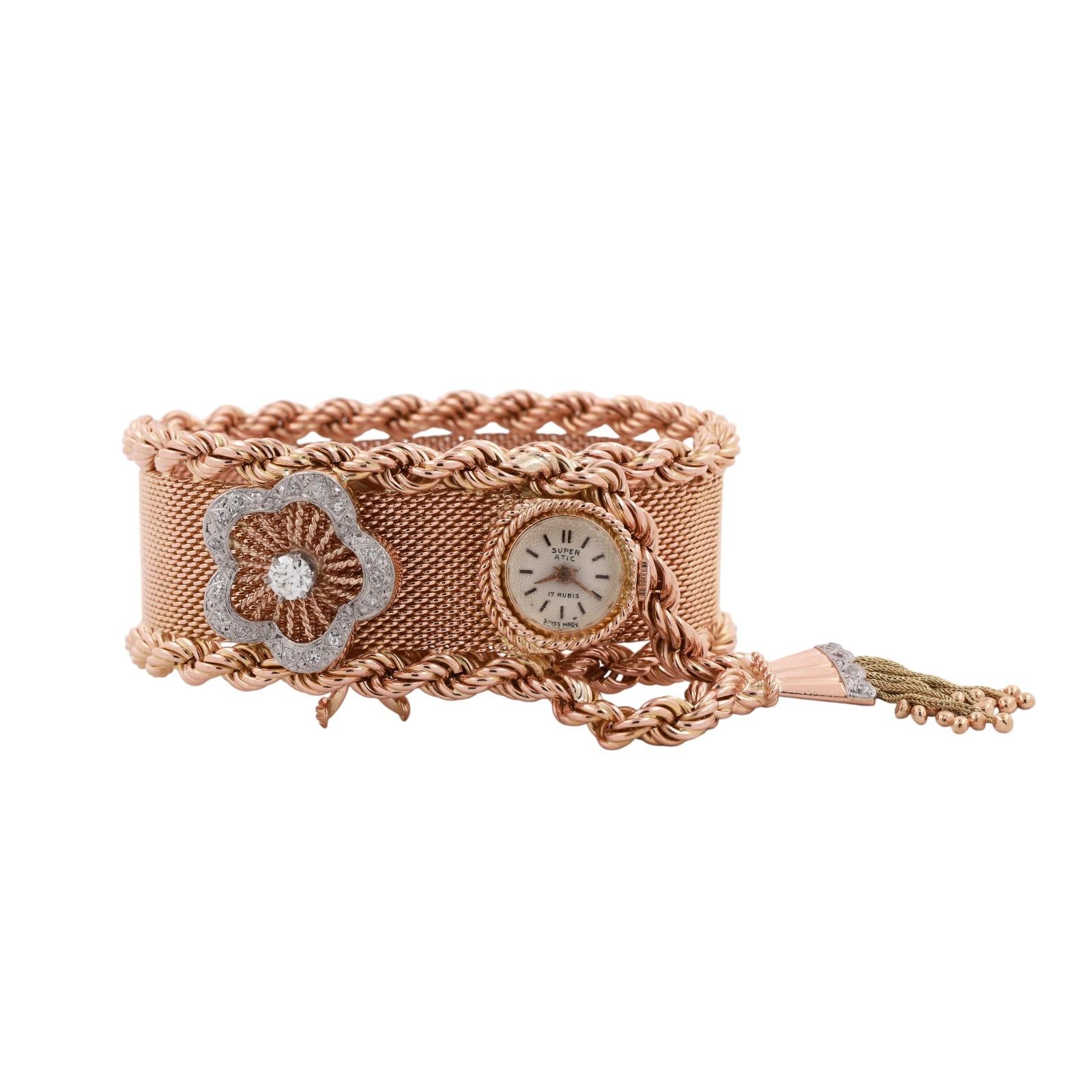 Ladies Super Atic Diamond Watch 18K Gold Mesh Bracelet 0.65 TW 7.25"