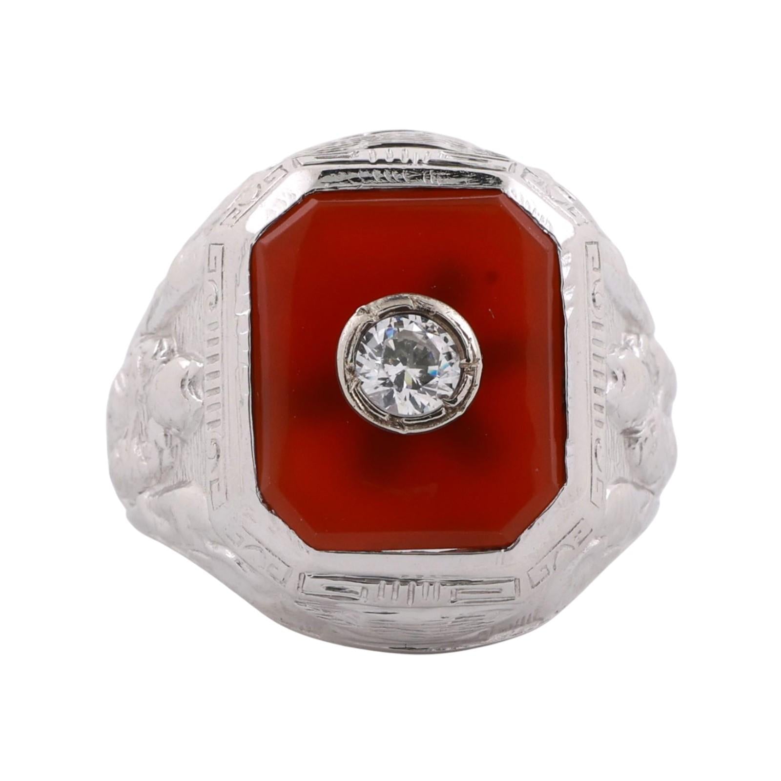 Men's Solitaire Carnelian Signet Ring Cubic Zirconia Accent White Gold Size 7.75