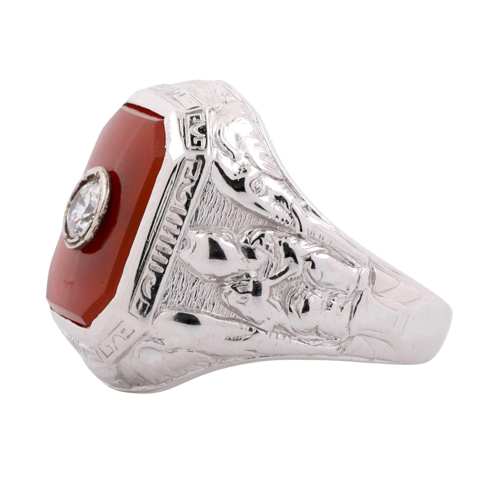 Men's Solitaire Carnelian Signet Ring Cubic Zirconia Accent White Gold Size 7.75