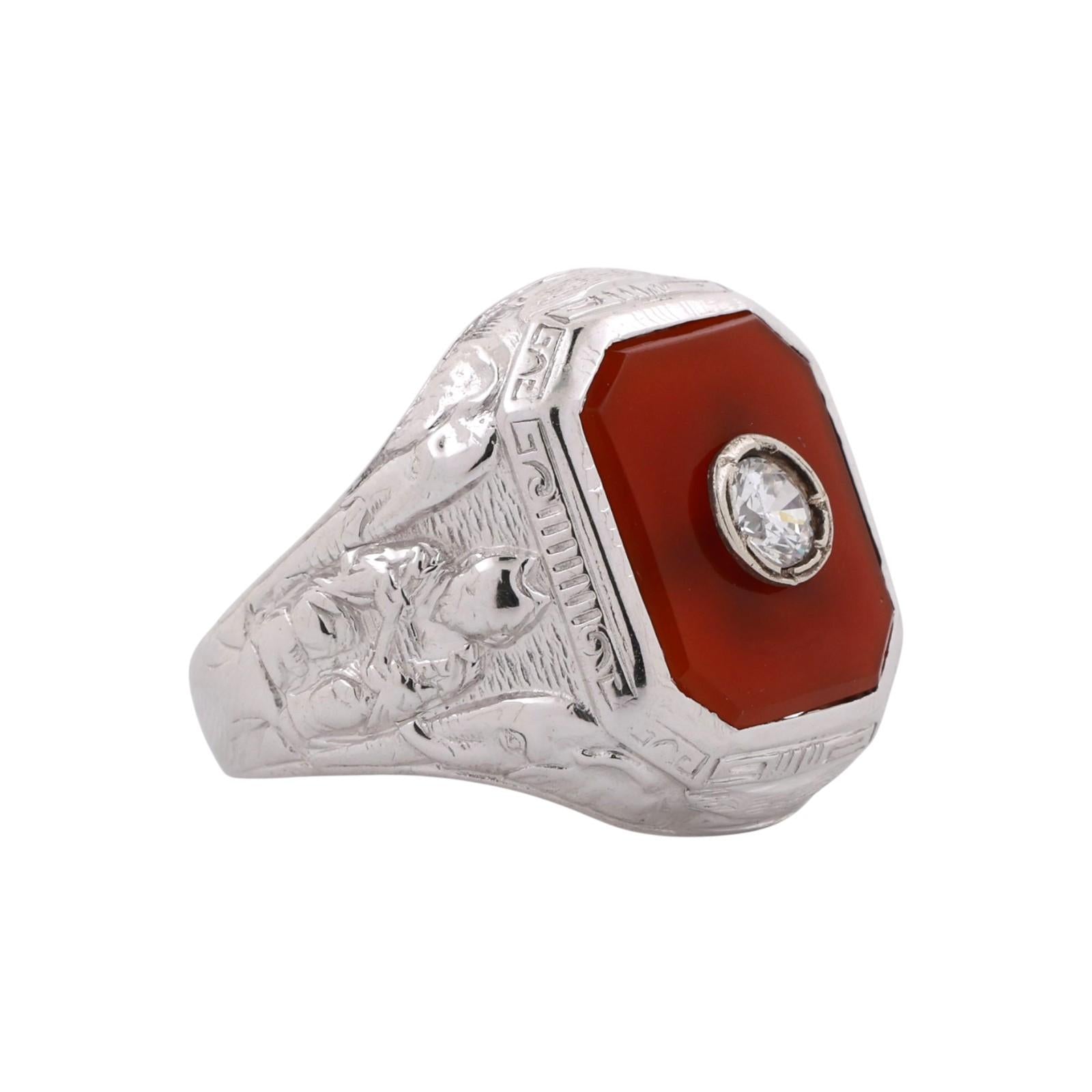 Men's Solitaire Carnelian Signet Ring Cubic Zirconia Accent White Gold Size 7.75