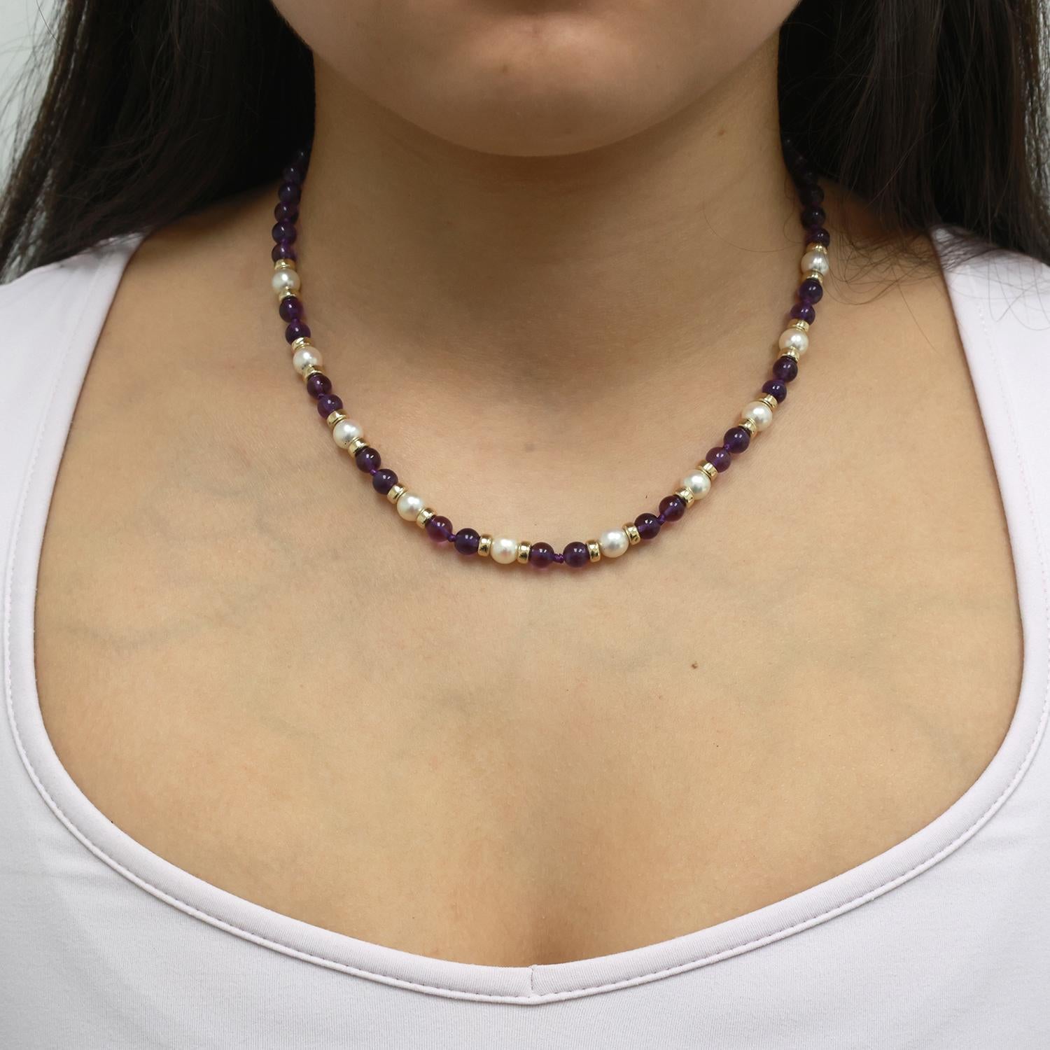 Vintage Akoya Pearl Amethyst 14K Gold Beaded Necklace 17.25" Ladies Estate