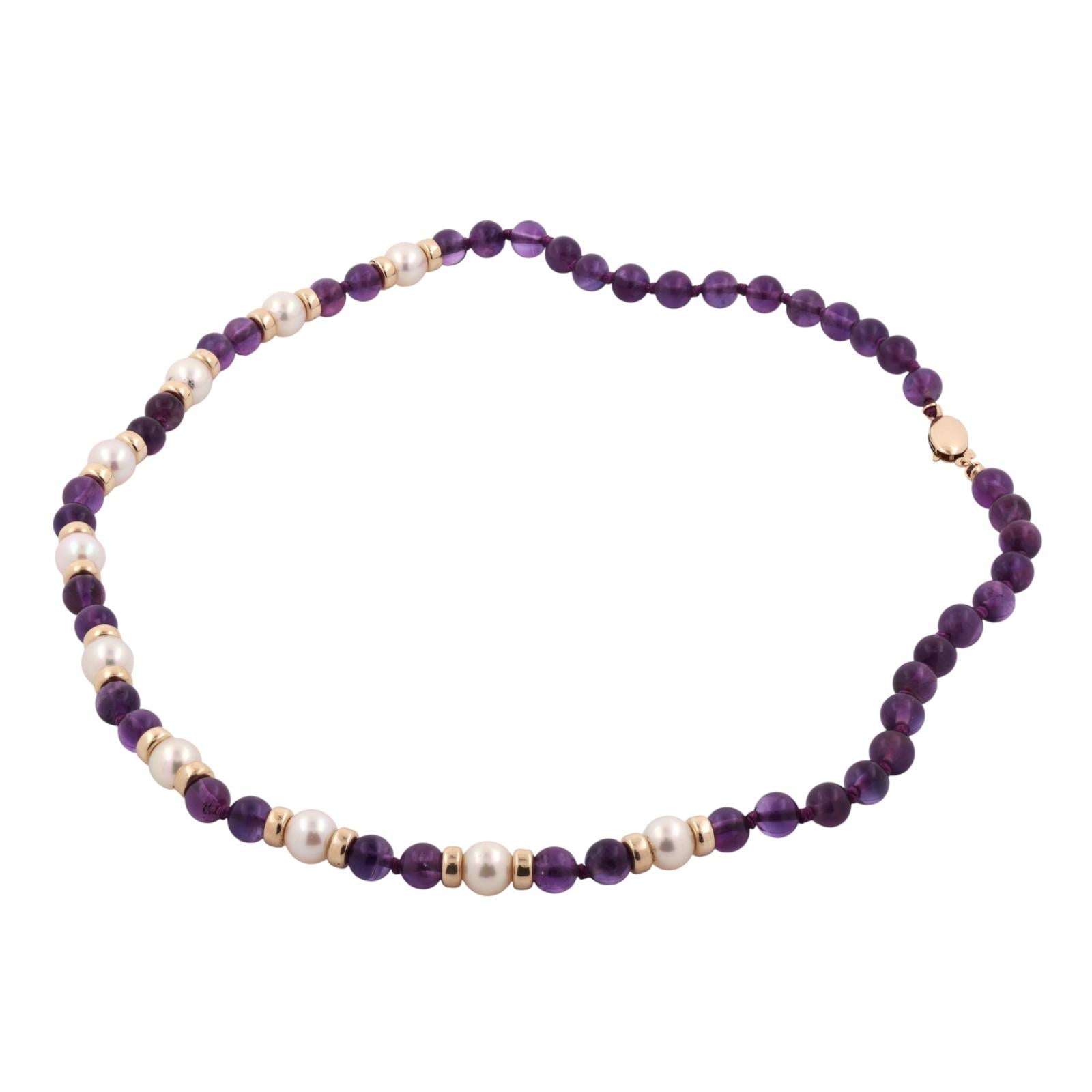 Vintage Akoya Pearl Amethyst 14K Gold Beaded Necklace 17.25" Ladies Estate