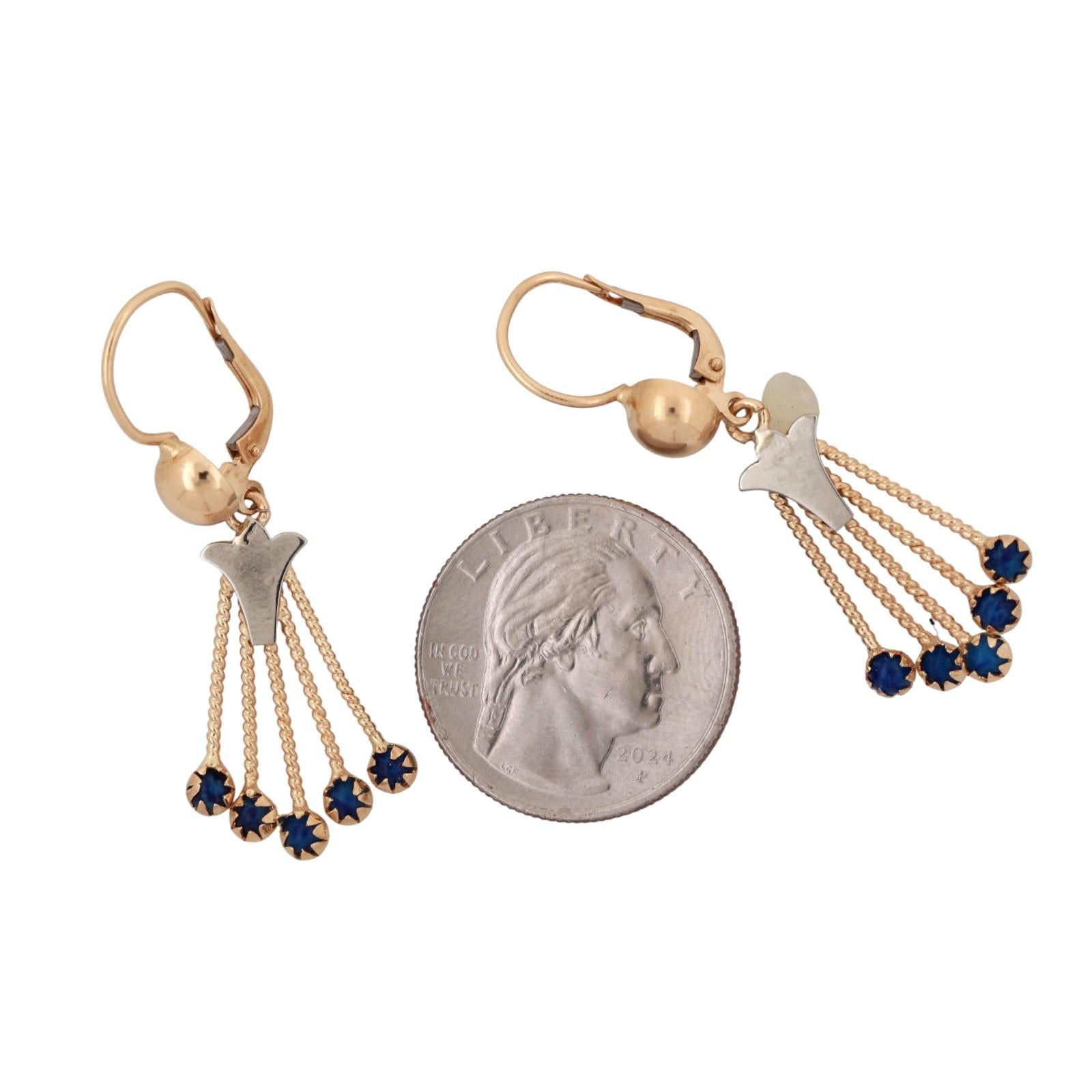 Vintage Blue Stone Drop Dangle Tassel Earrings 18K Yellow Gold 1.69" Ladies