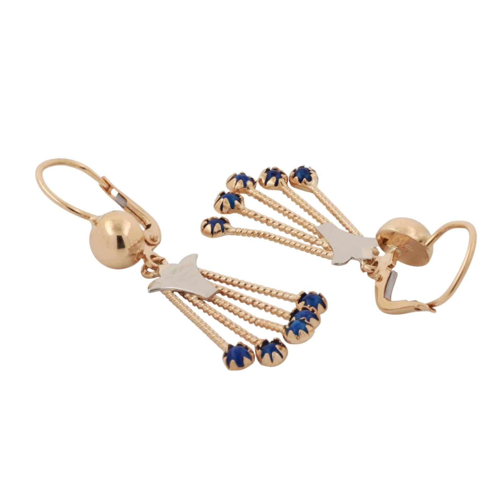 Vintage Blue Stone Drop Dangle Tassel Earrings 18K Yellow Gold 1.69" Ladies