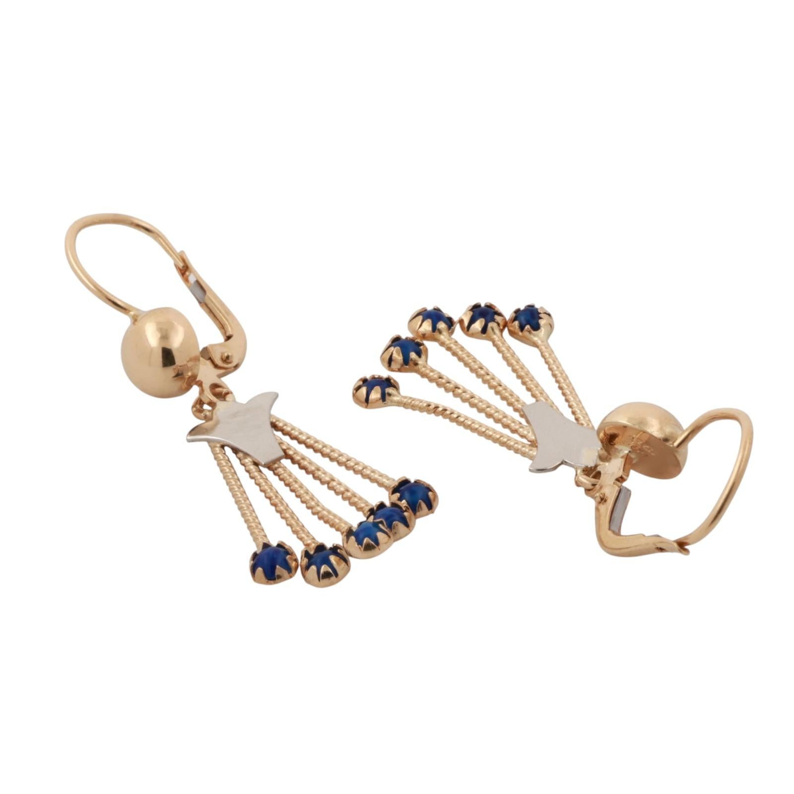 Vintage Blue Stone Drop Dangle Tassel Earrings 18K Yellow Gold 1.69" Ladies